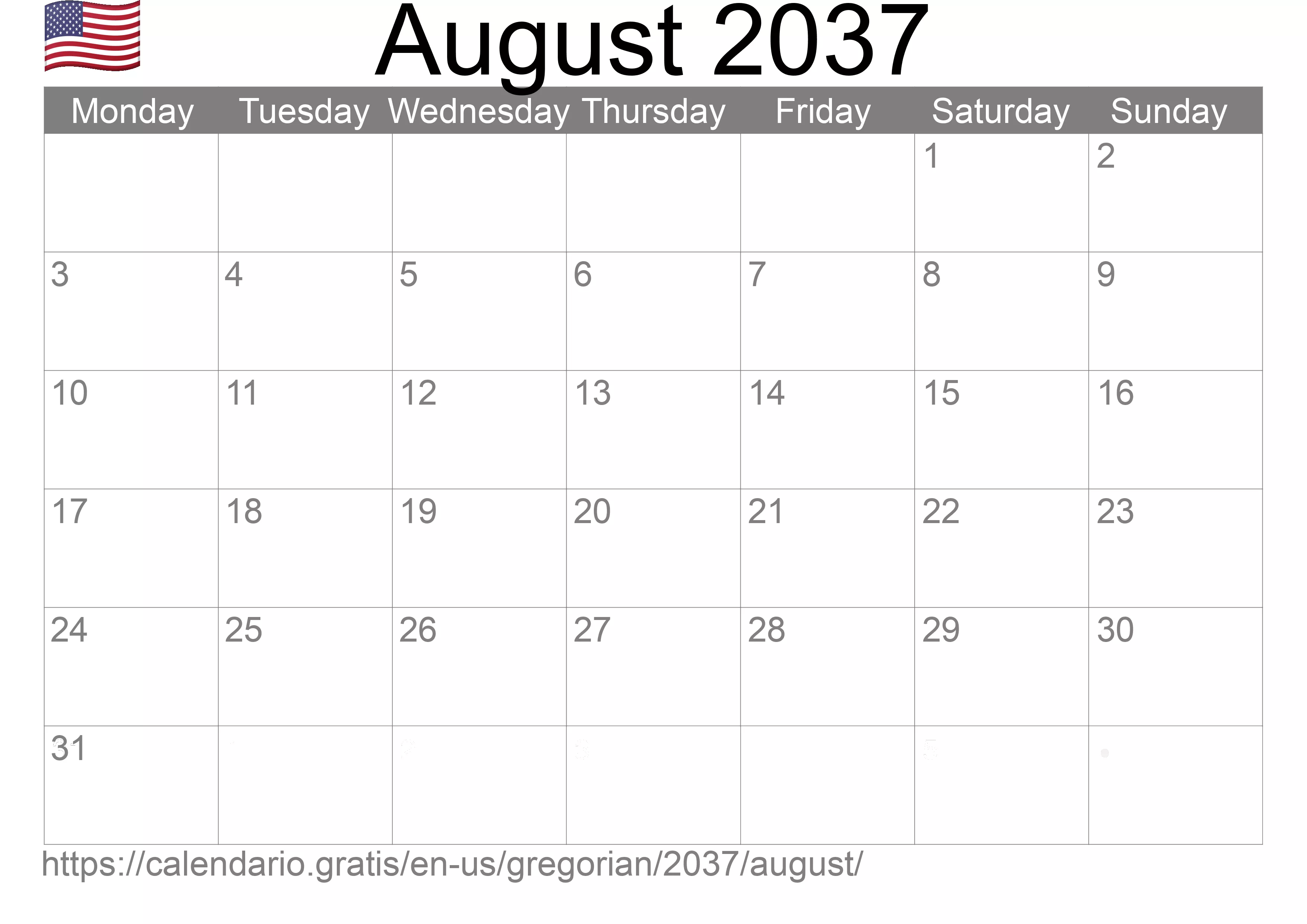 Calendar August 2037 to print (United States of America) Calendar August 2037 to print (United States of America)