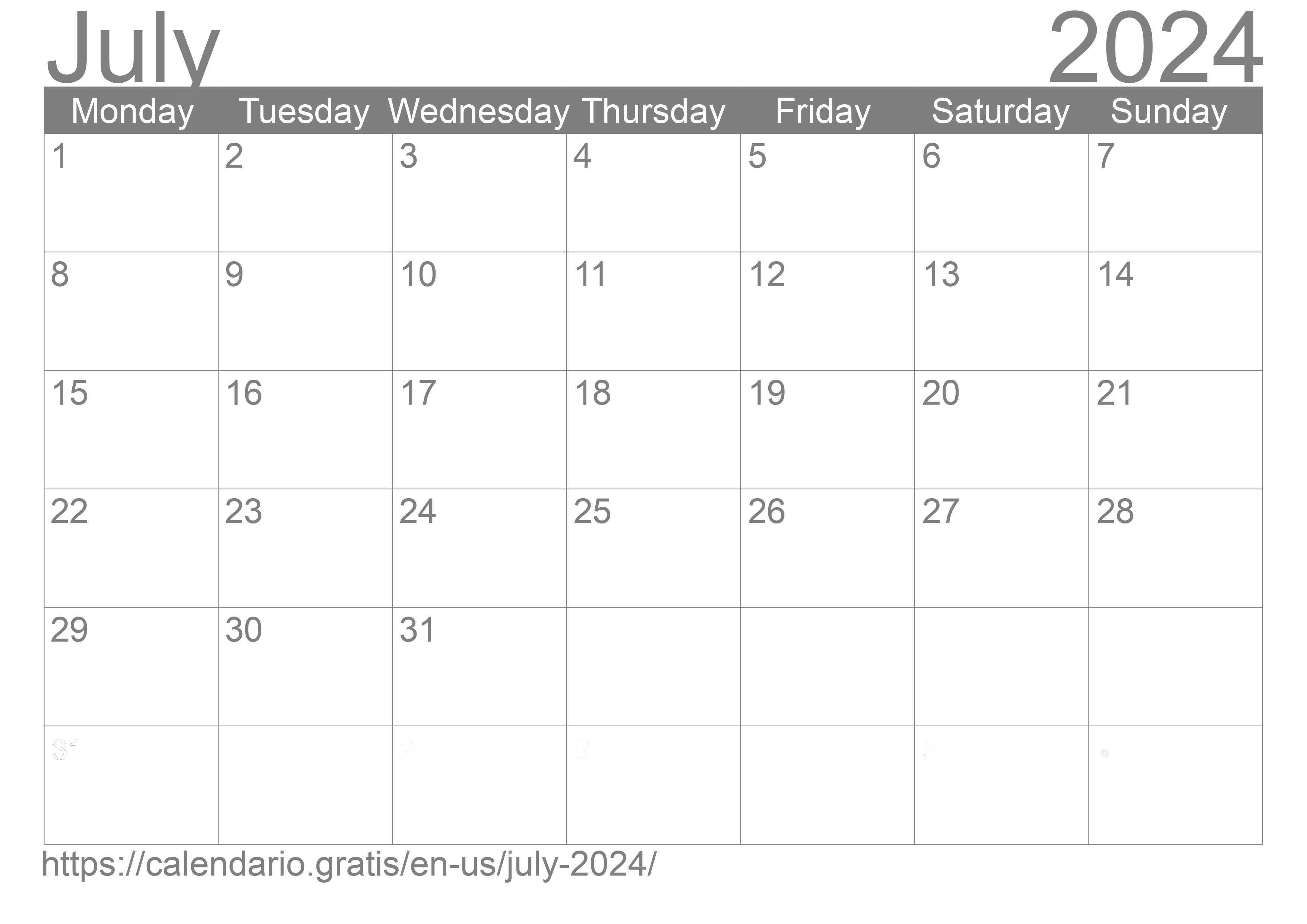 Calendar July 2024 from United States of America in English ☑️