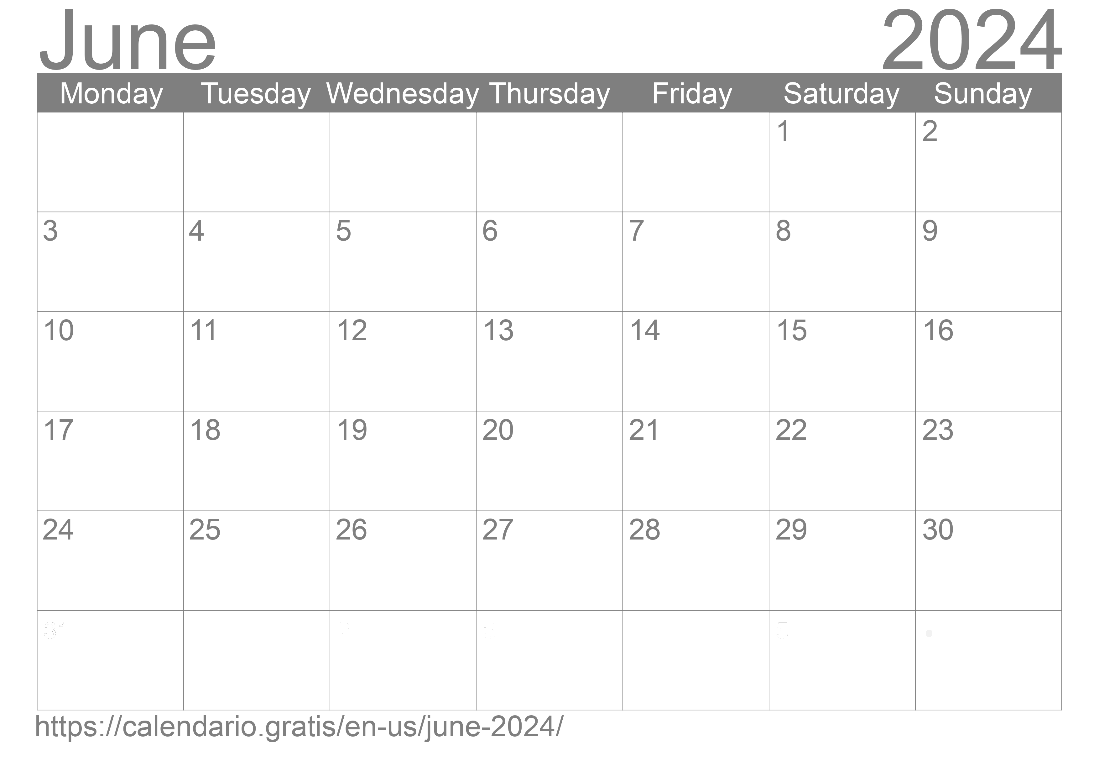 Calendar June 2024 from United States of America in English ☑️