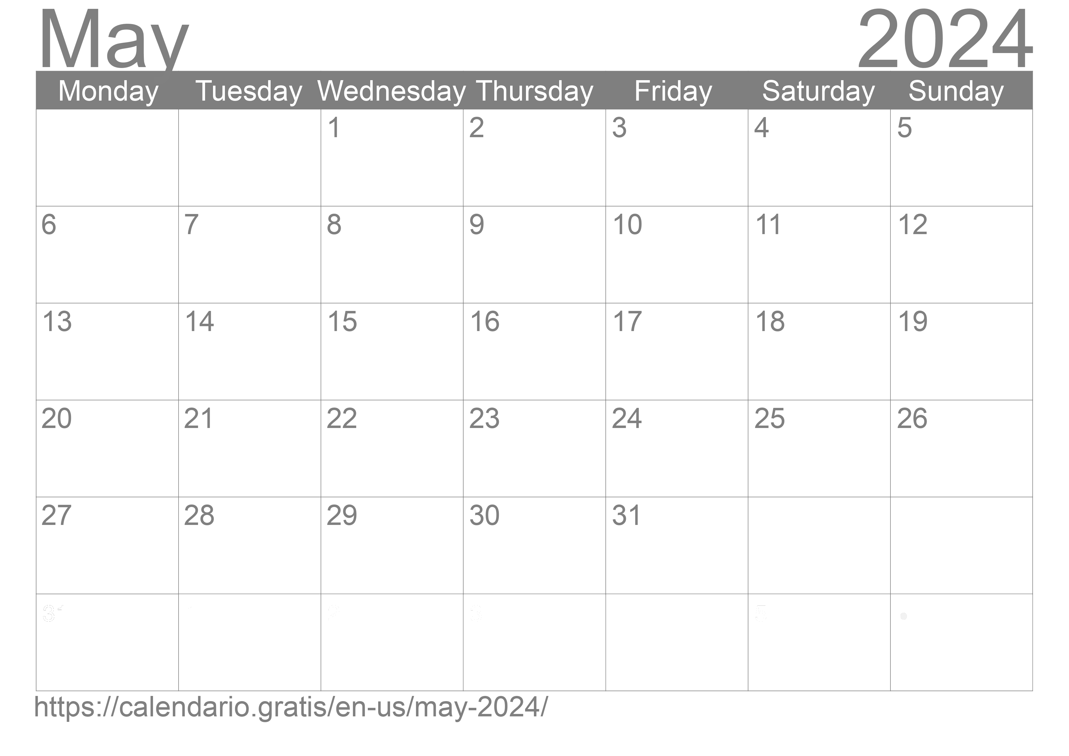 Calendar May 2024 from United States of America in English ☑️
