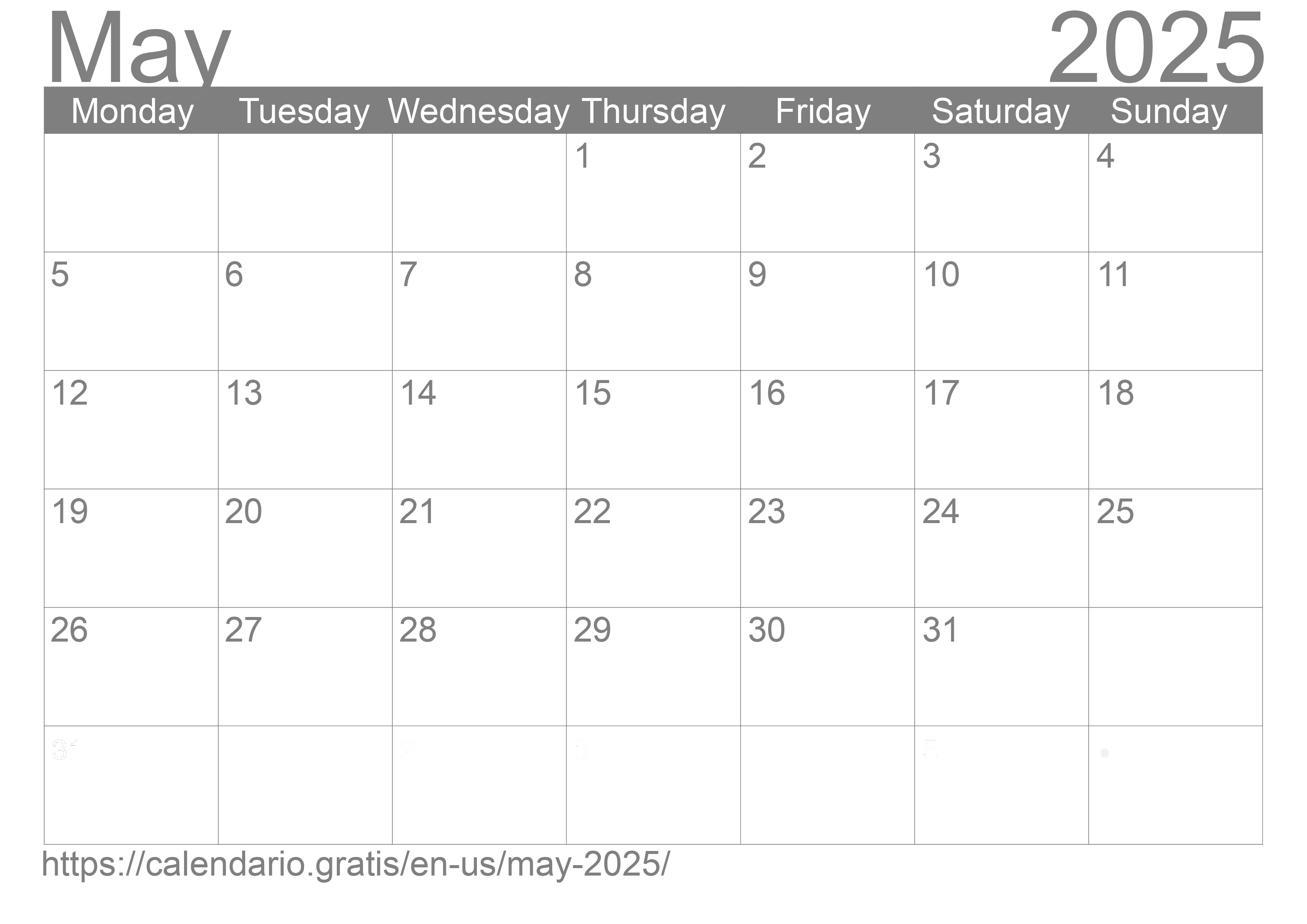 Calendar May 2025 from United States of America in English ☑️