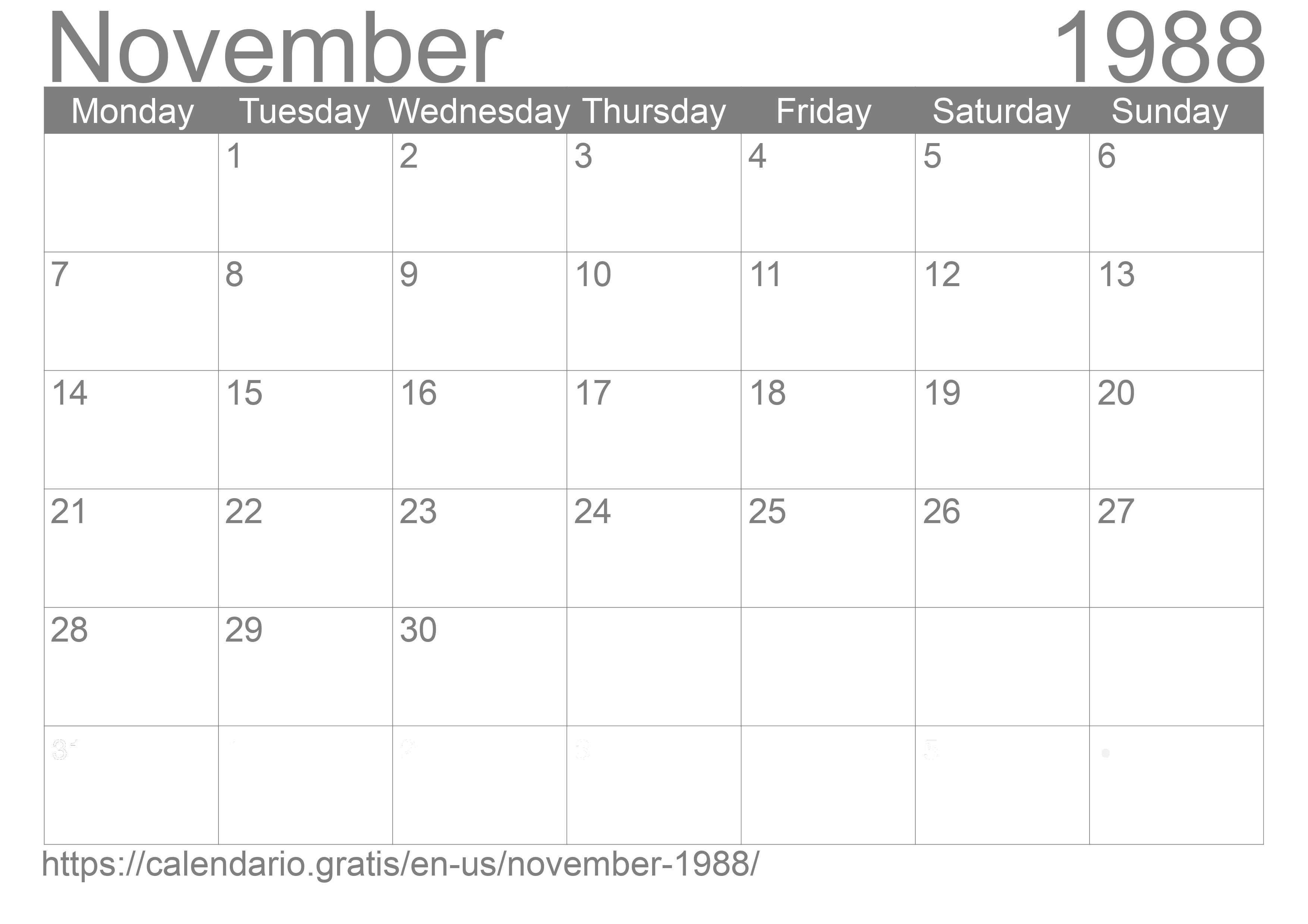Calendar November 1988 from United States of America in English ☑️