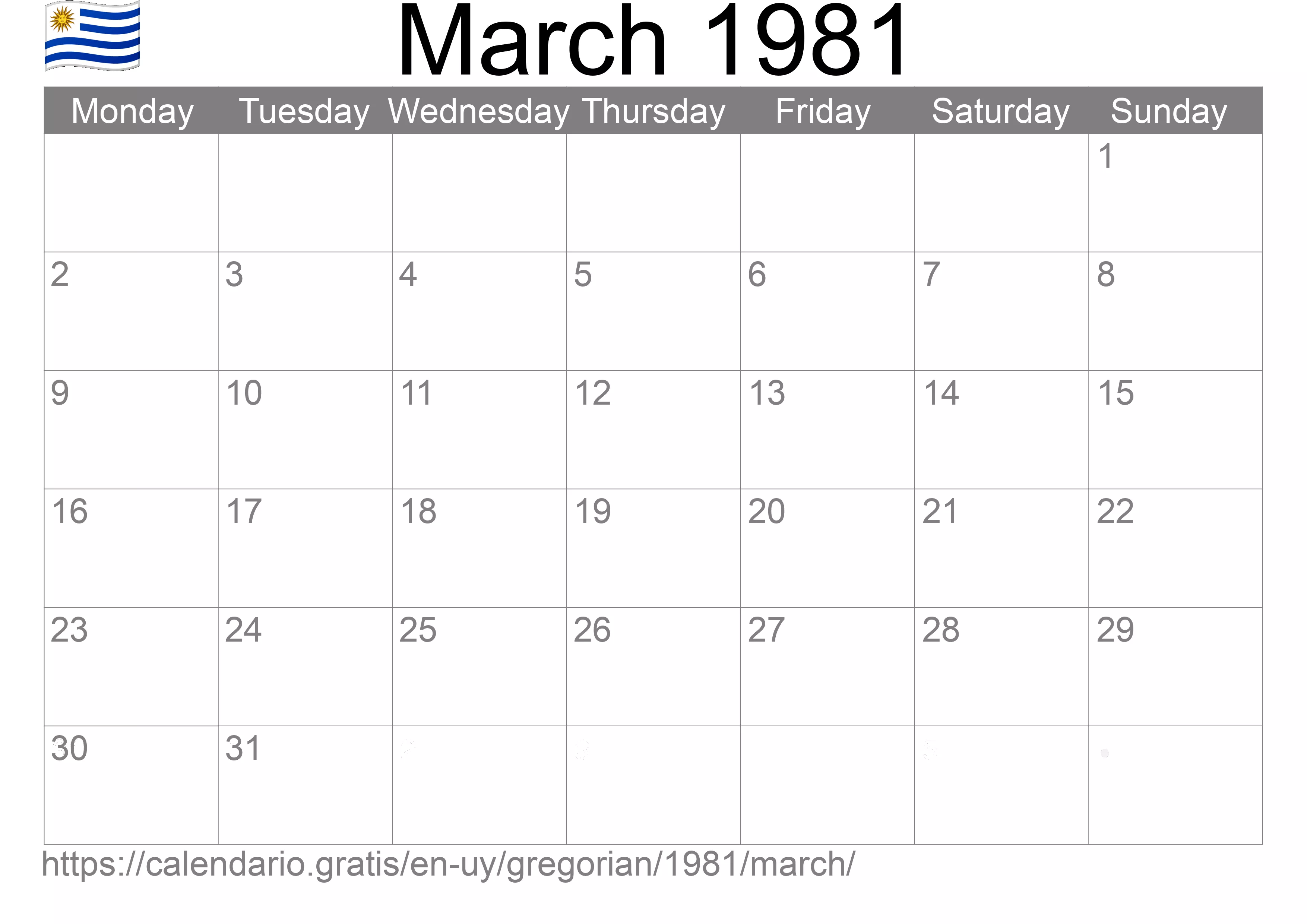 Calendar March 1981 to print (Uruguay) Calendar March 1981 to print (Uruguay)