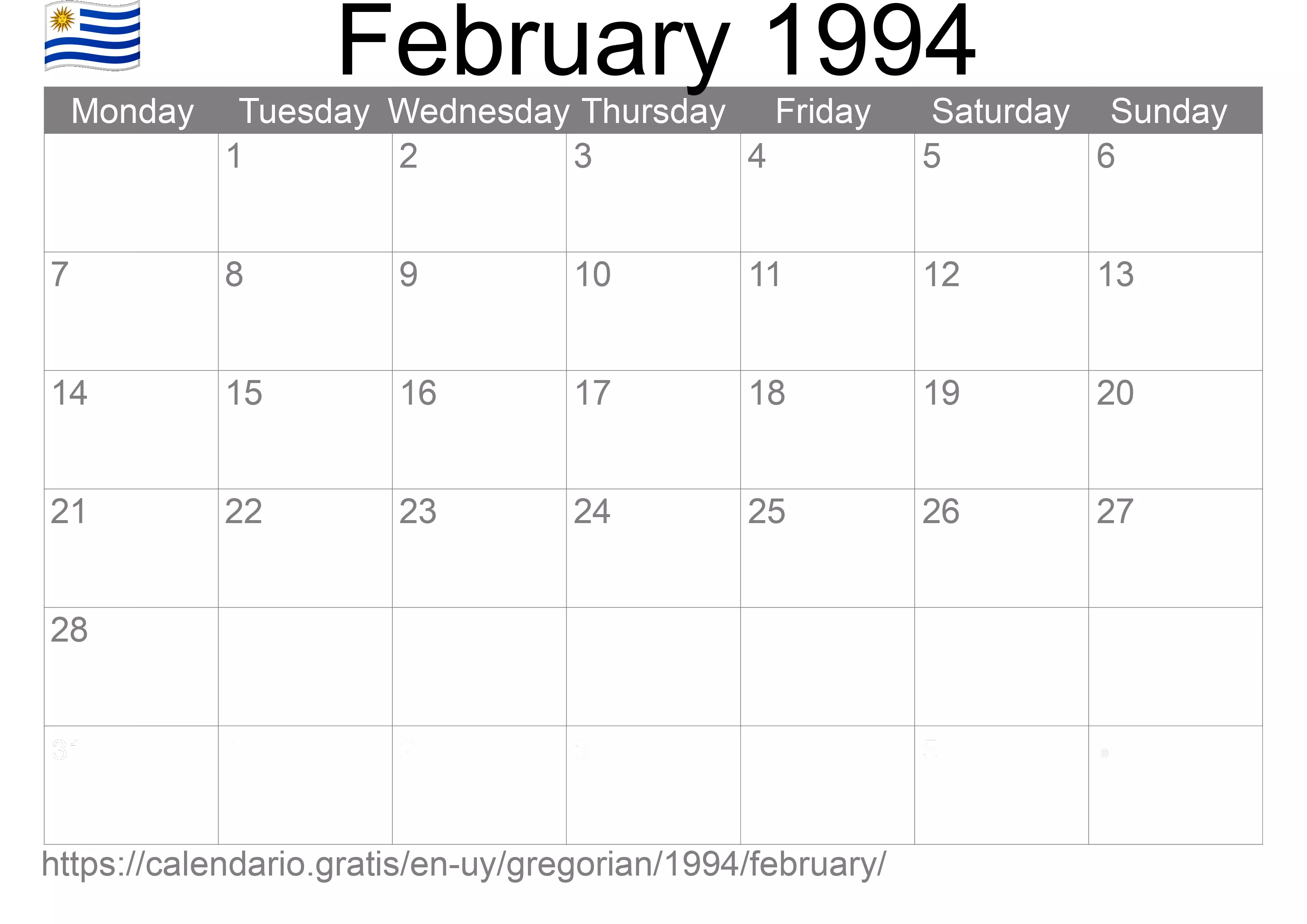 Calendar February 1994 to print (Uruguay) Calendar February 1994 to print (Uruguay)