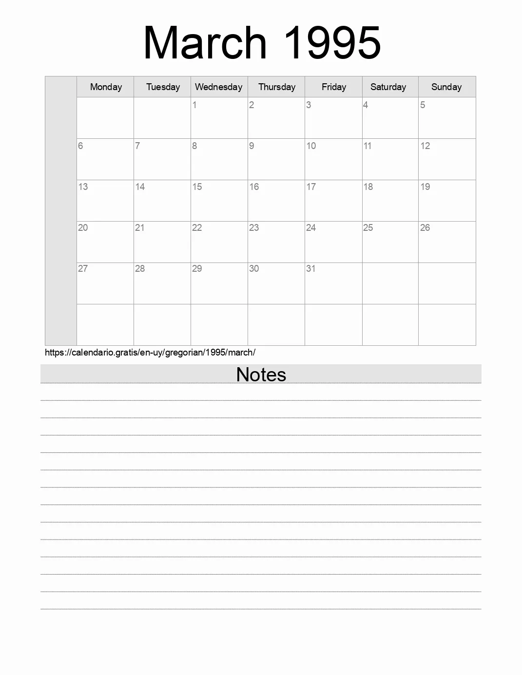 Calendar for printing with notes for 1995 March . (Uruguay) Calendar for printing with notes for 1995 March . (Uruguay)