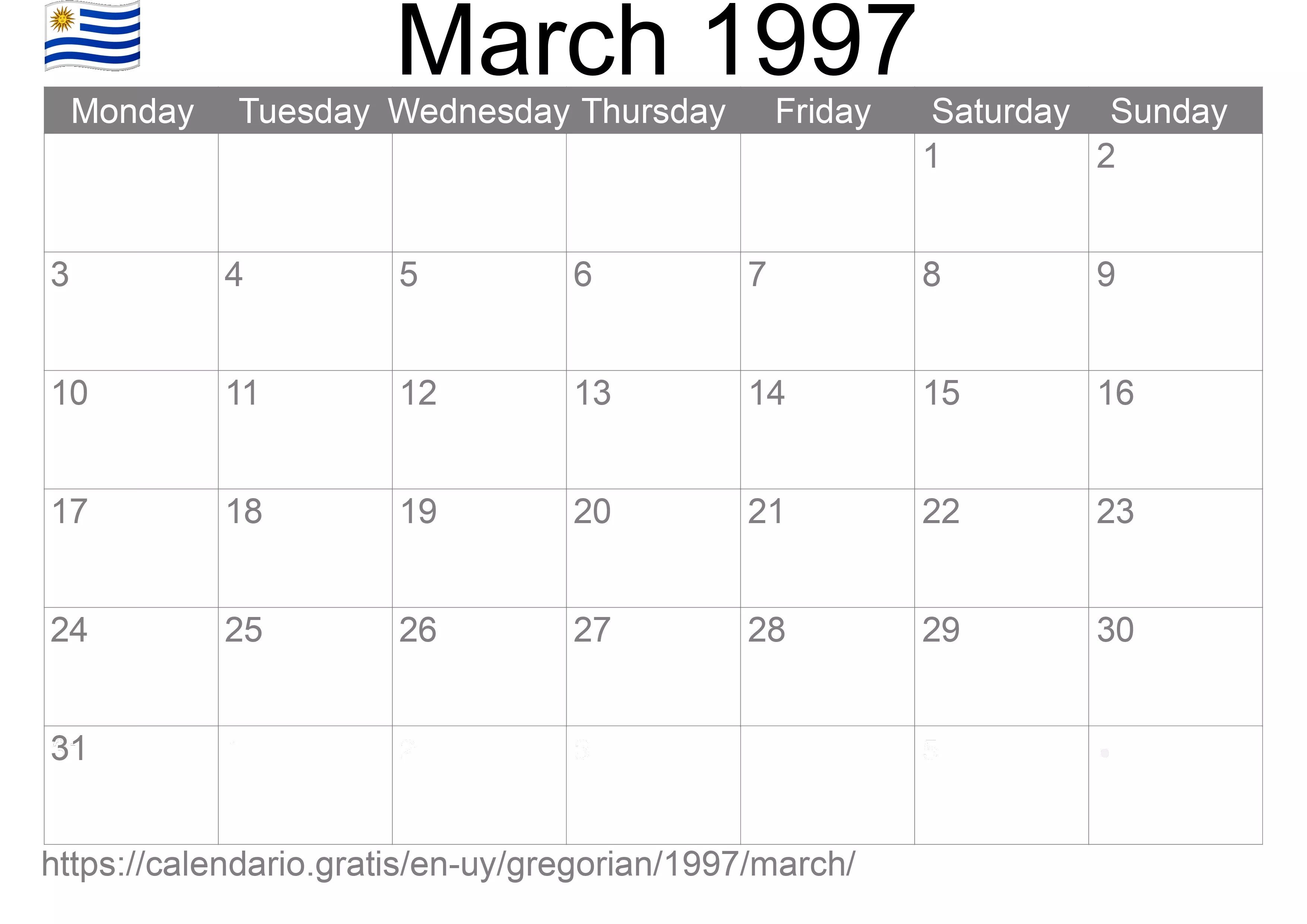 Calendar March 1997 to print (Uruguay) Calendar March 1997 to print (Uruguay)