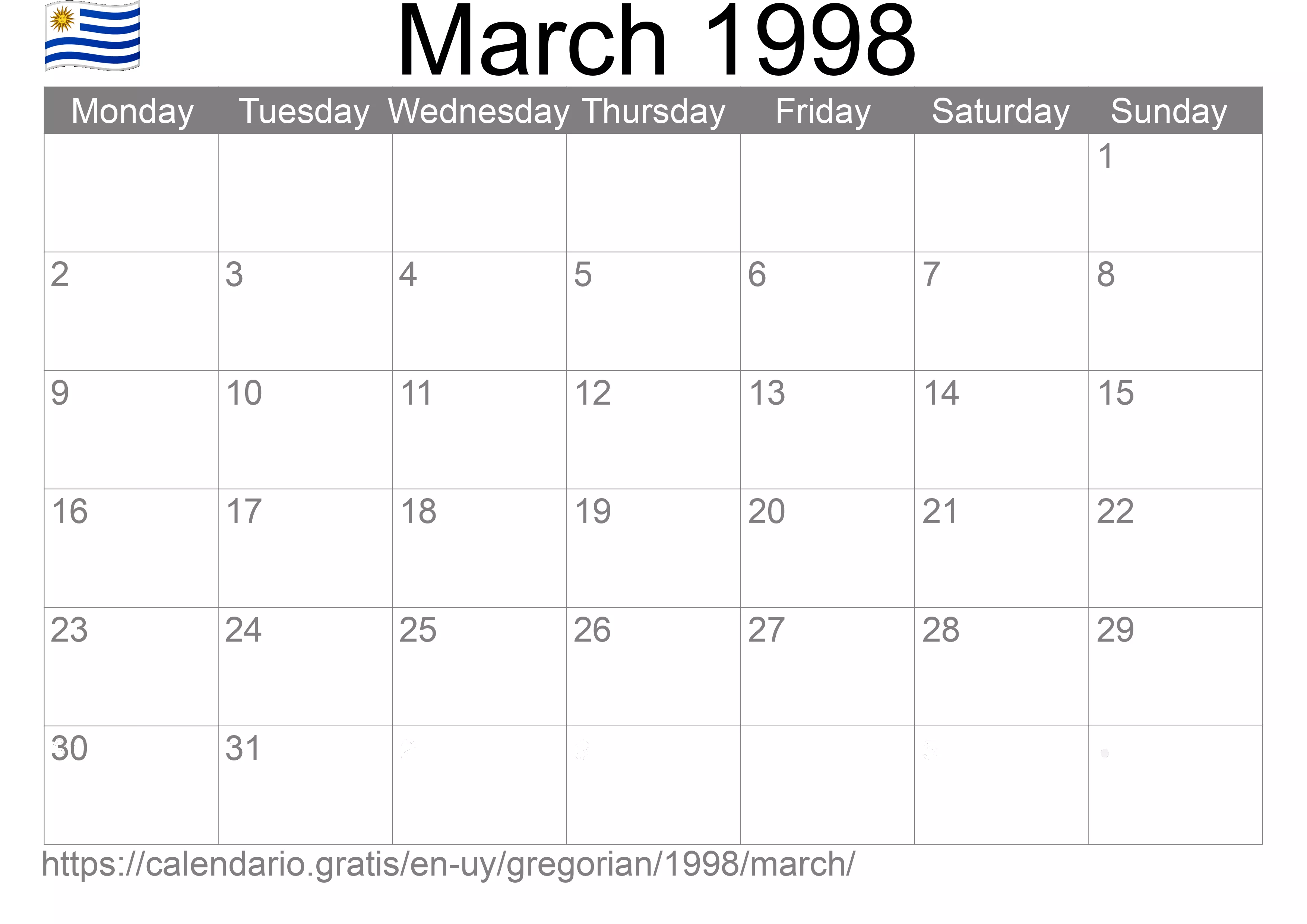 Calendar March 1998 to print (Uruguay) Calendar March 1998 to print (Uruguay)
