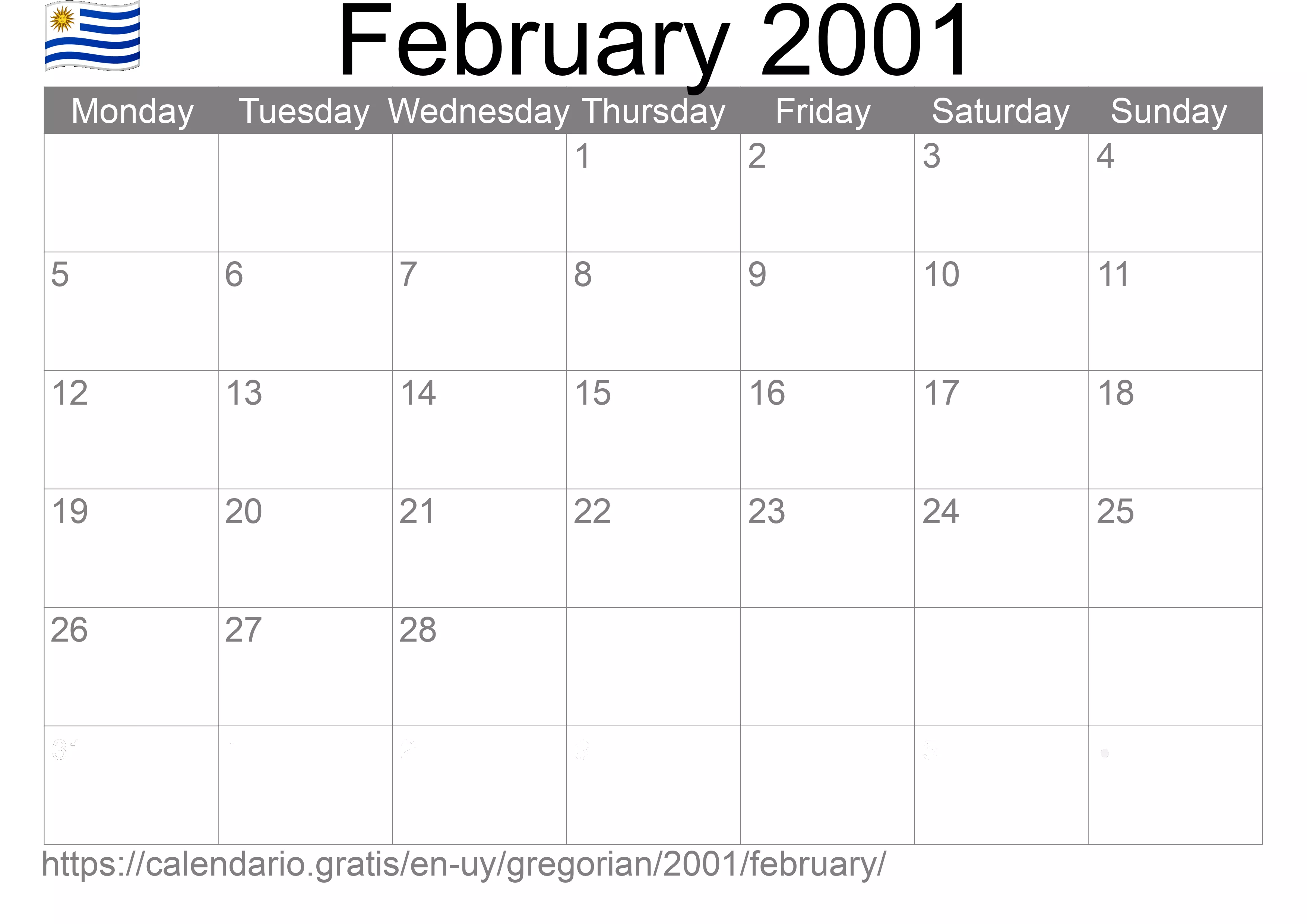 Calendar February 2001 to print (Uruguay) Calendar February 2001 to print (Uruguay)