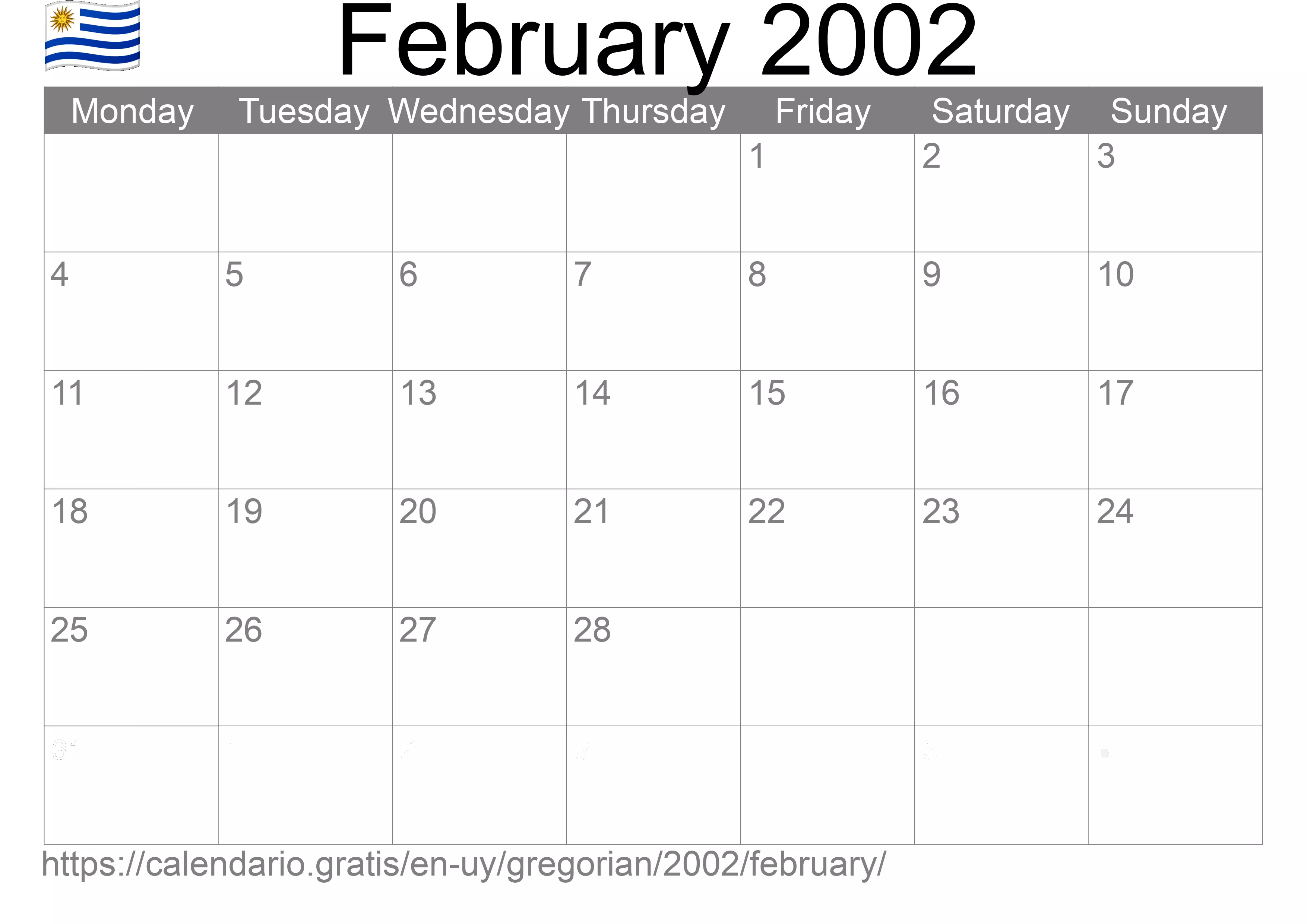 Calendar February 2002 to print (Uruguay) Calendar February 2002 to print (Uruguay)