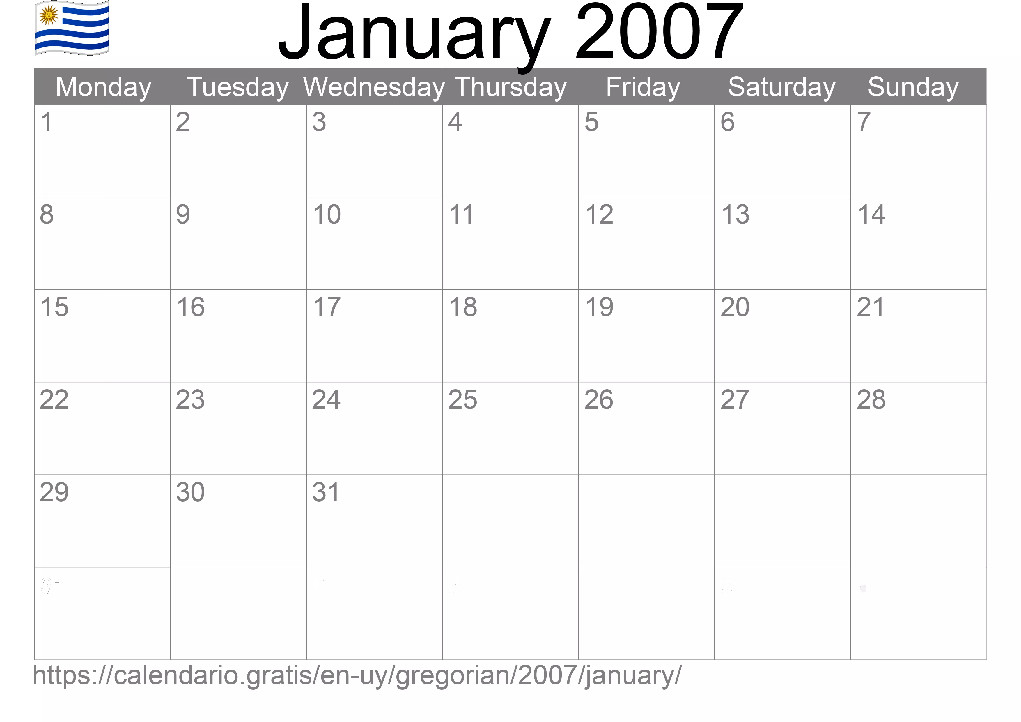 Calendar January 2007 to print (Uruguay) Calendar January 2007 to print (Uruguay)