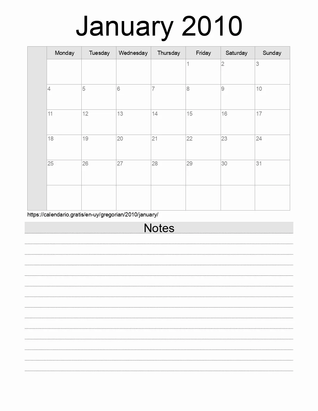 Calendar for printing with notes for 2010 January . (Uruguay) Calendar for printing with notes for 2010 January . (Uruguay)