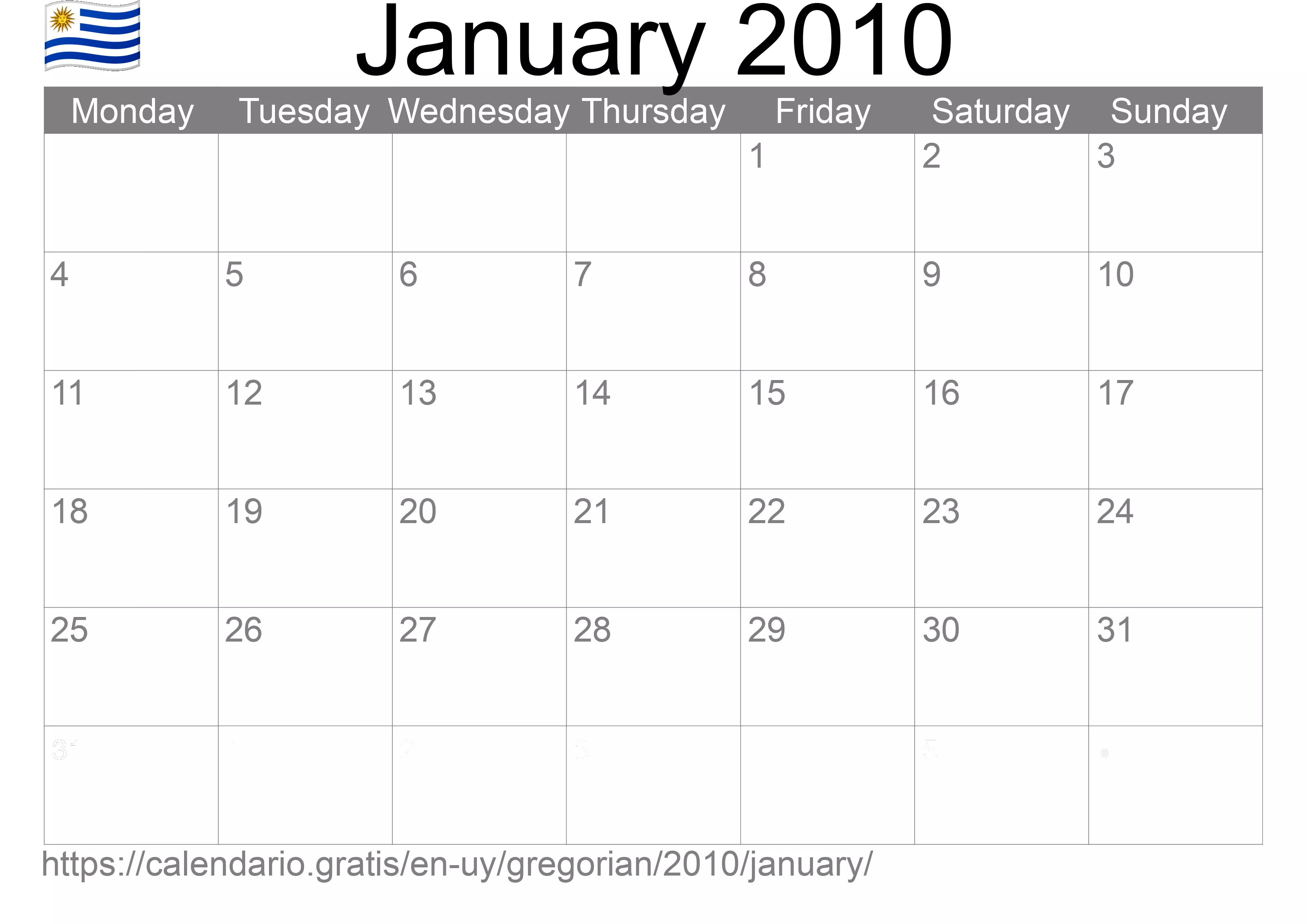 Calendar January 2010 to print (Uruguay) Calendar January 2010 to print (Uruguay)