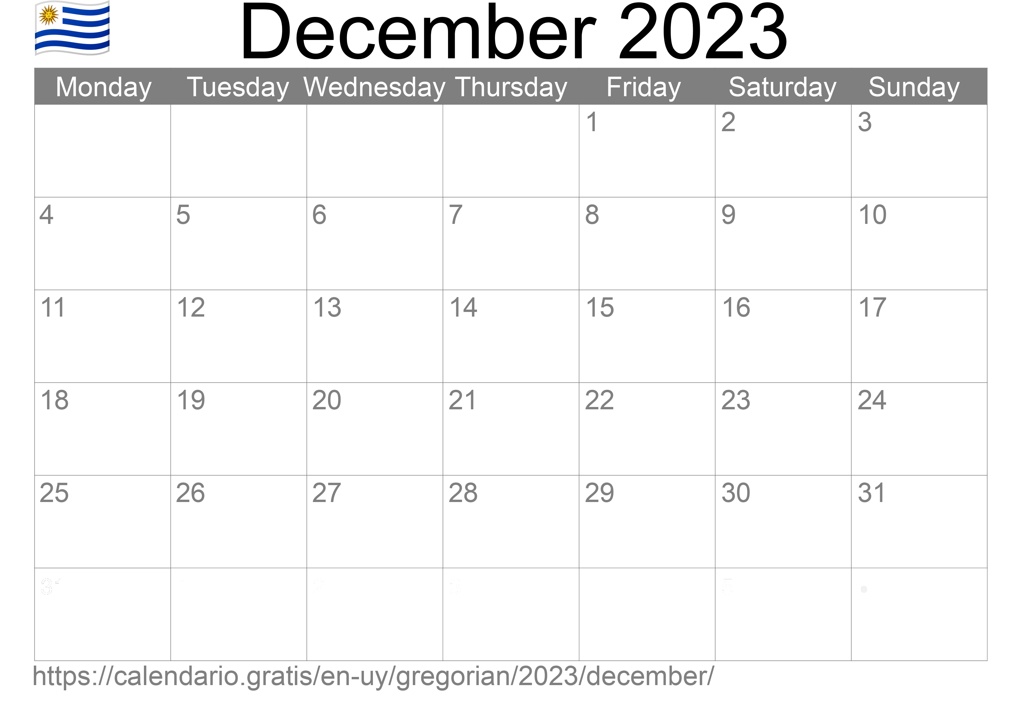 Calendar December 2023 to print