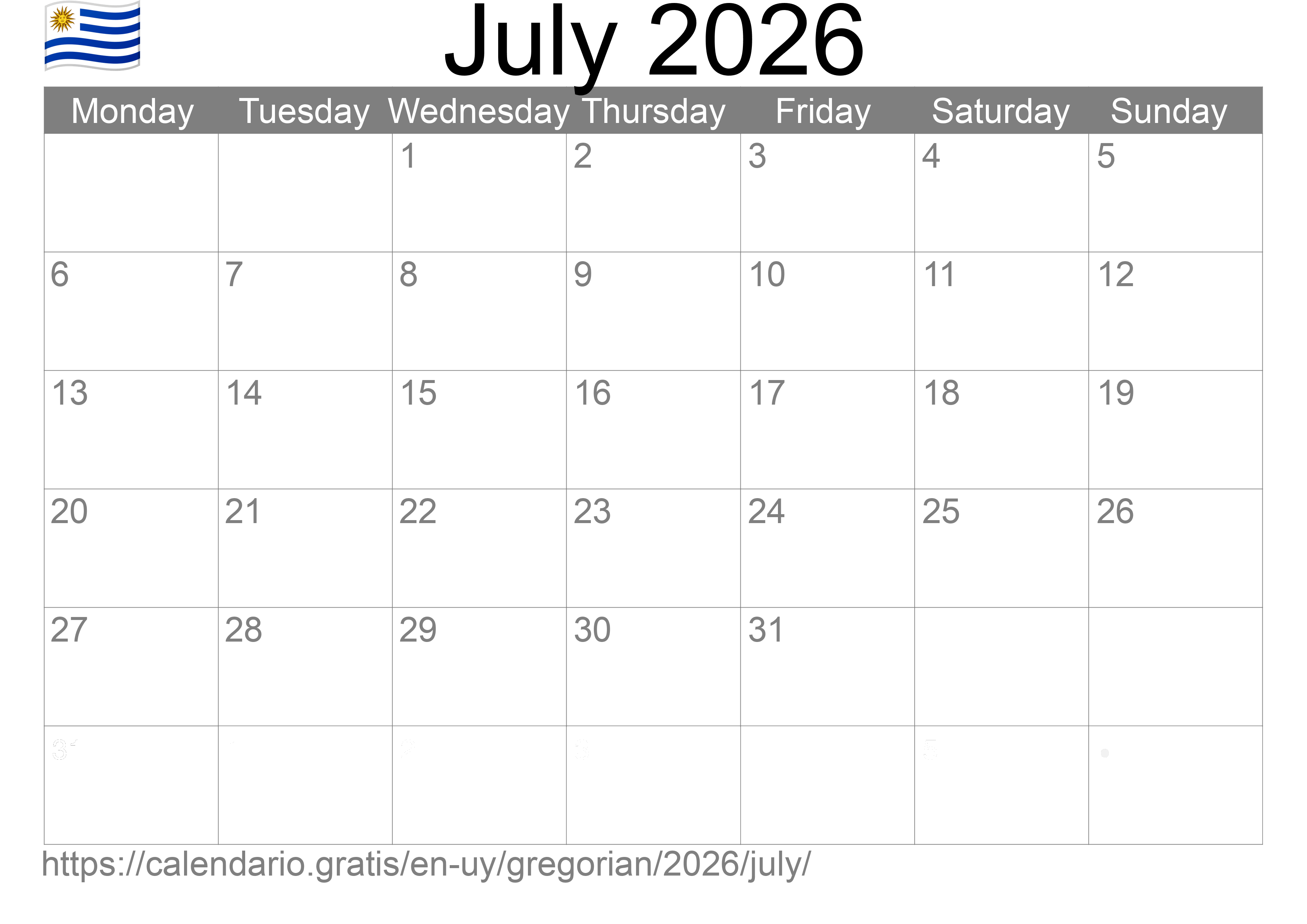 Calendar July 2026 to print