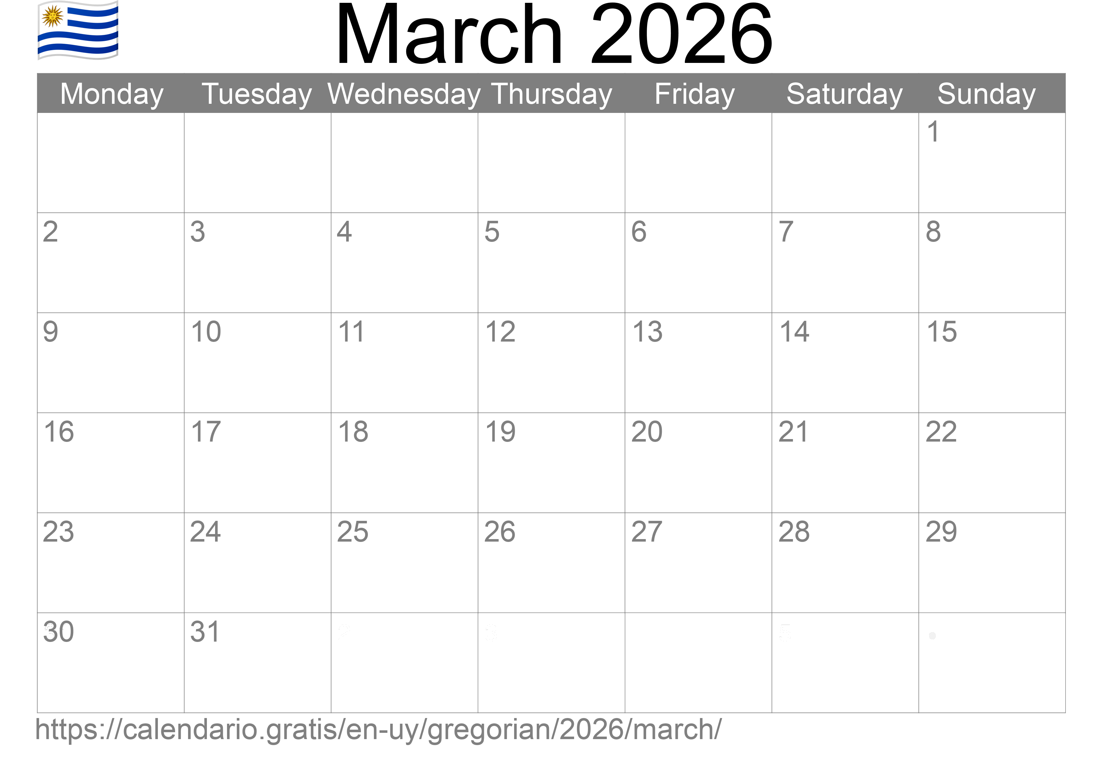 Calendar March 2026 to print