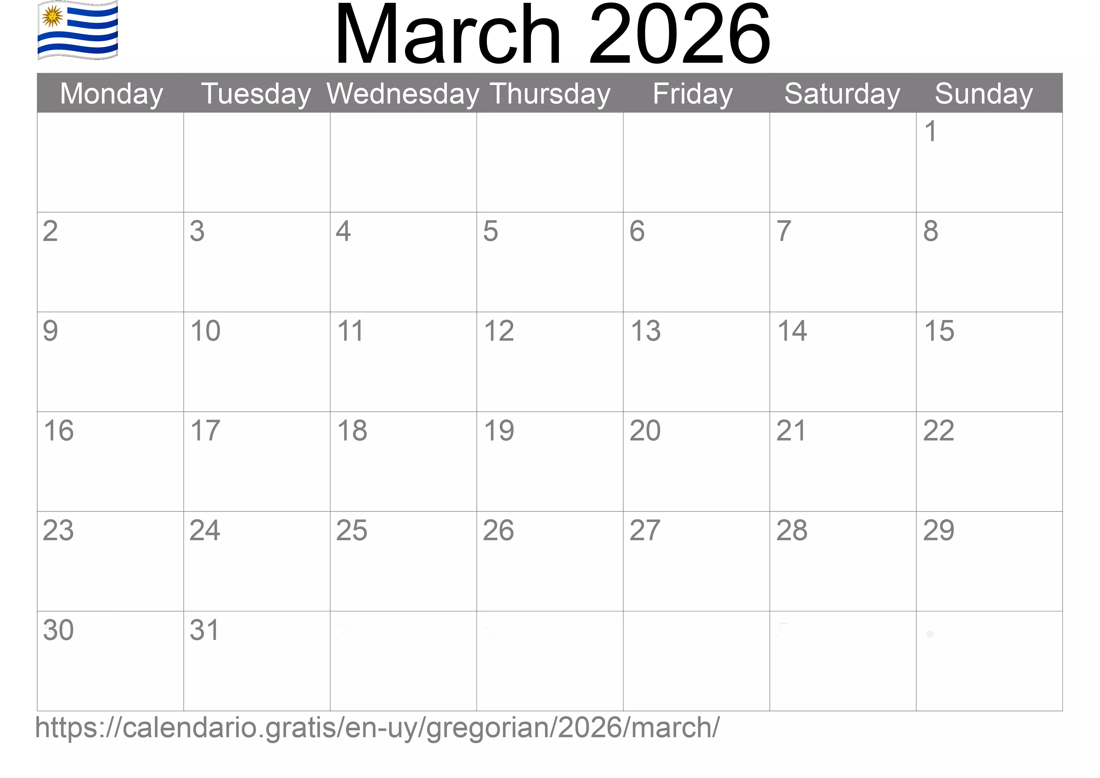 Calendar March 2026 to print (Uruguay) Calendar March 2026 to print (Uruguay)