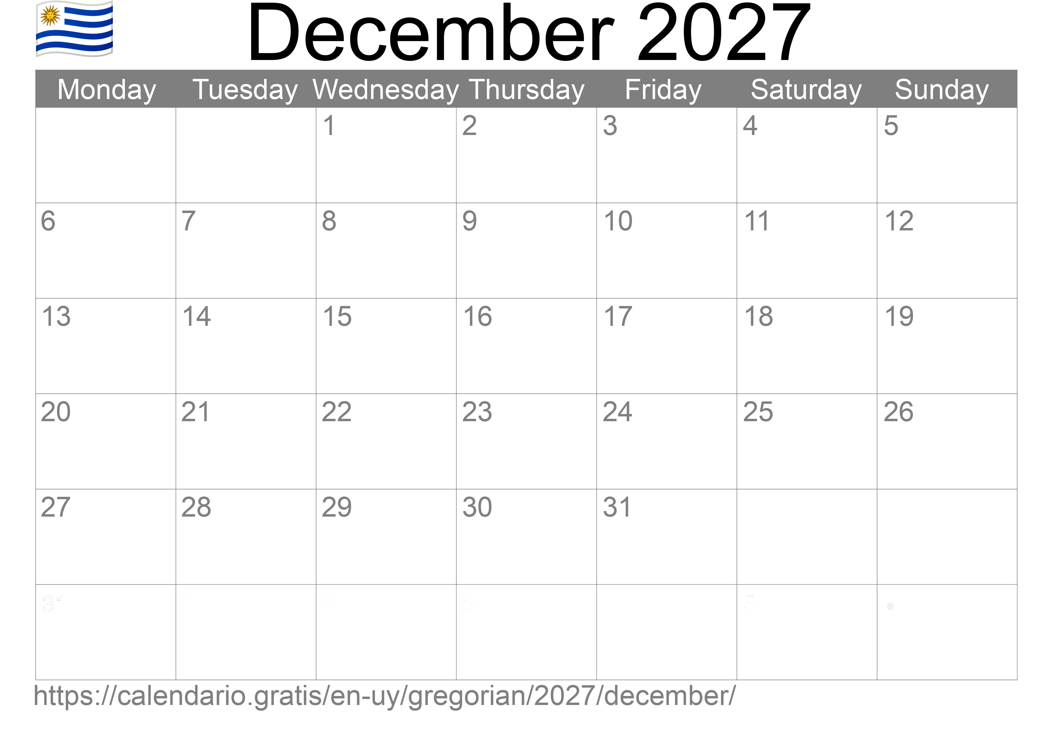 Calendar December 2027 to print