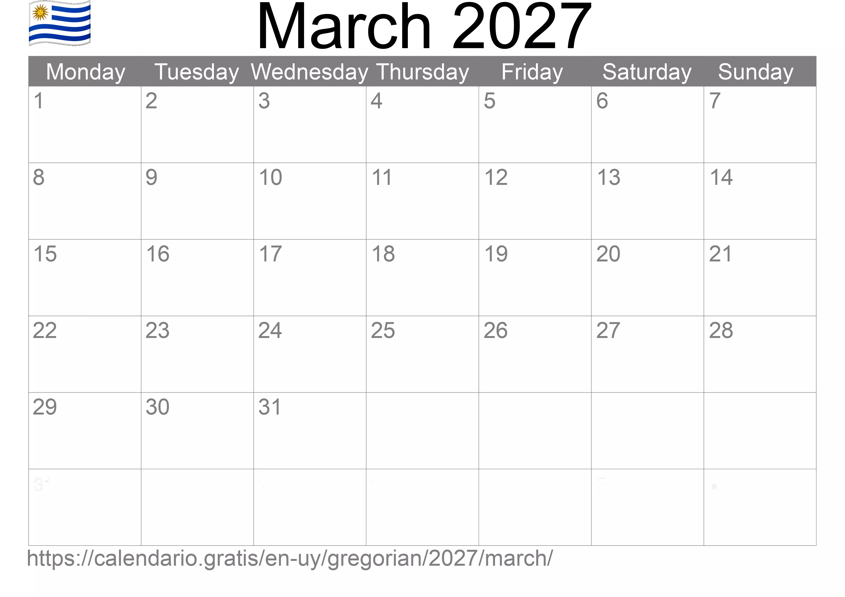 Calendar March 2027 to print (Uruguay) Calendar March 2027 to print (Uruguay)