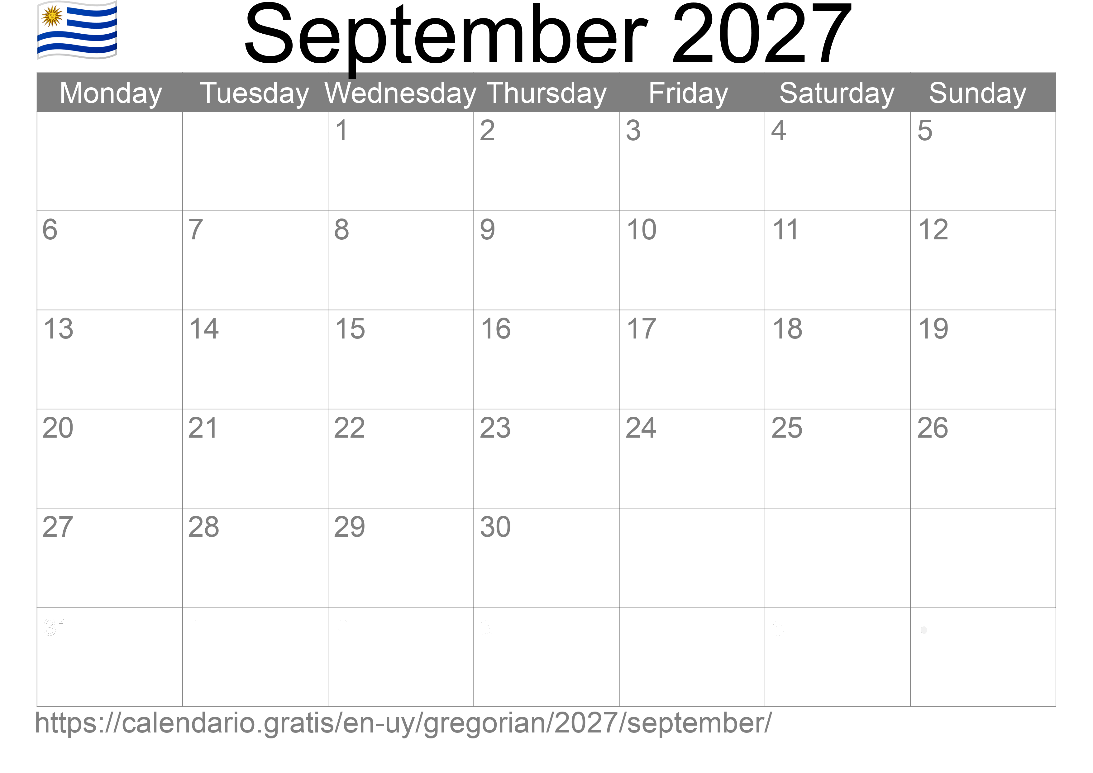 Calendar September 2027 to print