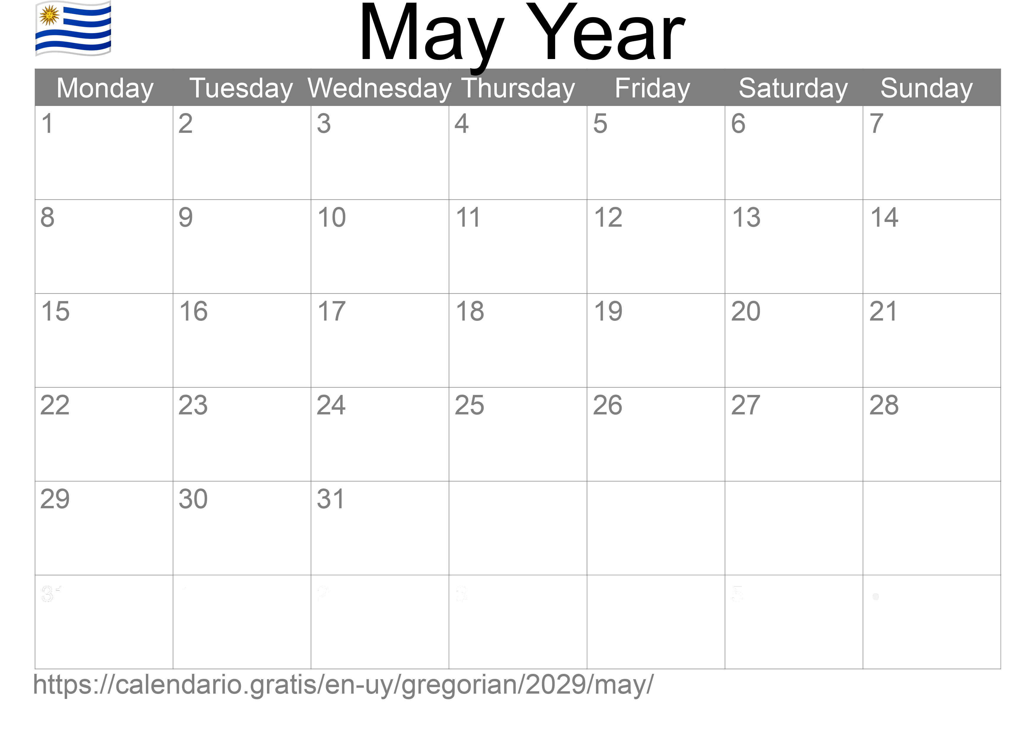 Calendar May 2029 to print