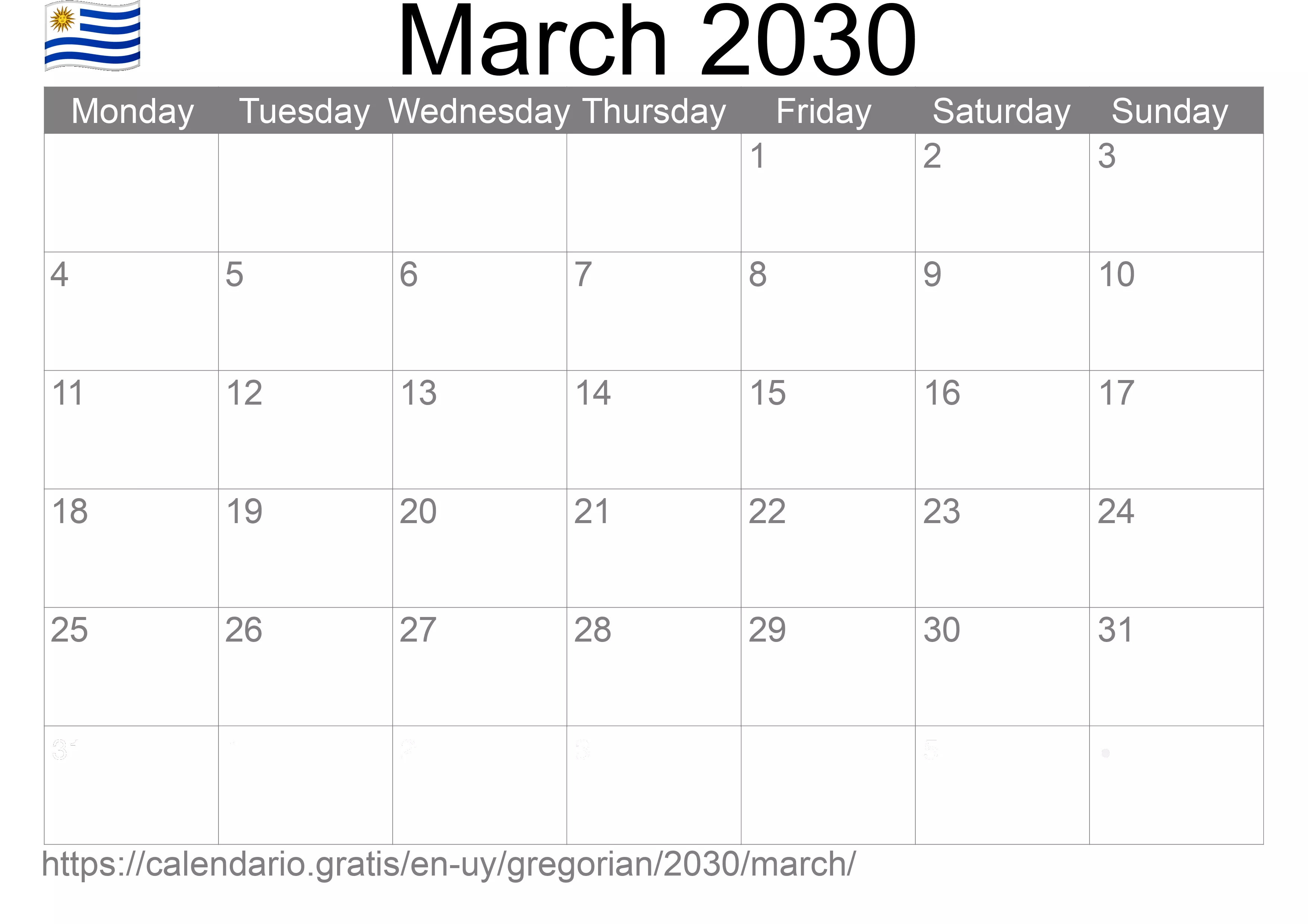 Calendar March 2030 to print (Uruguay)