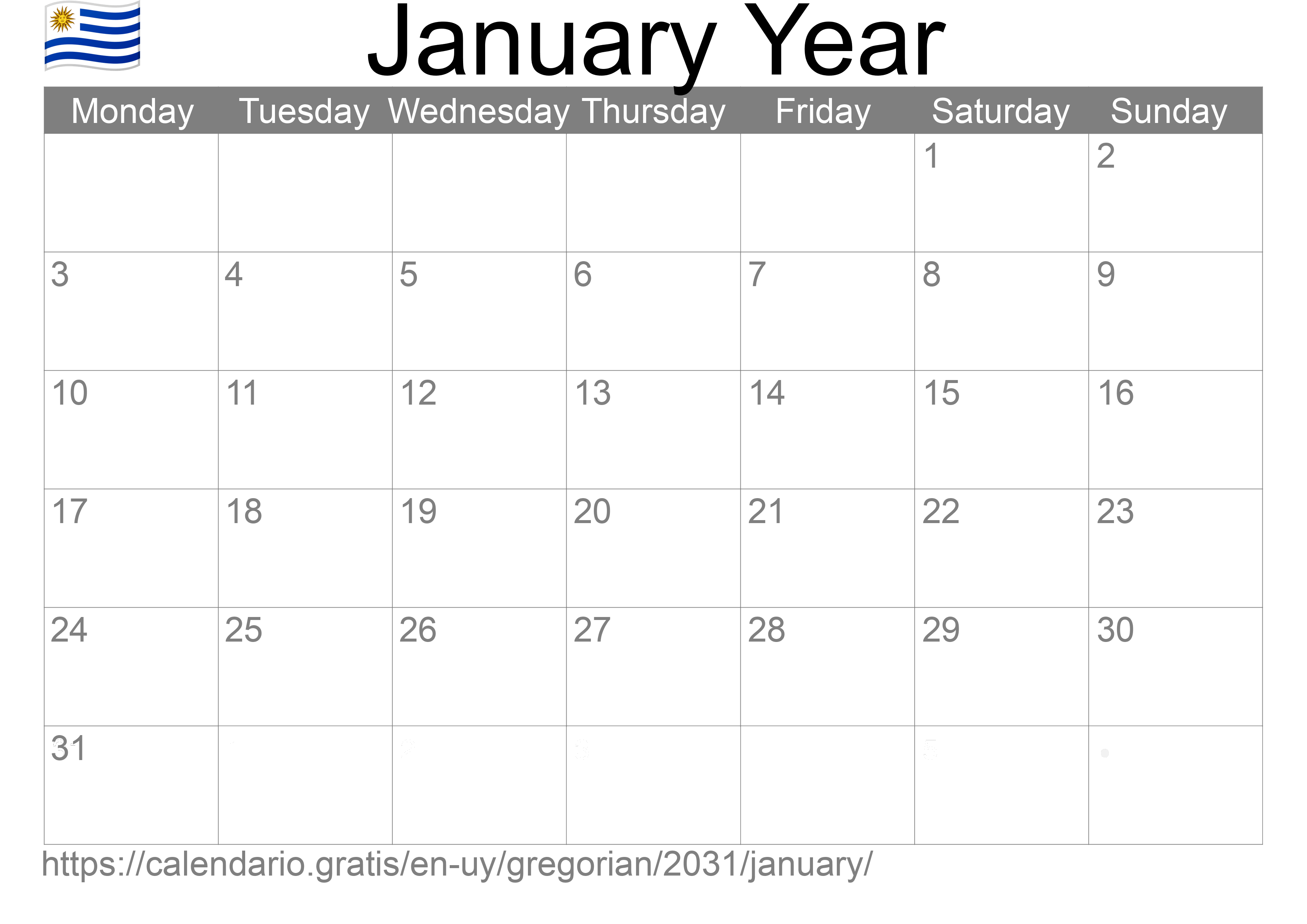 Calendar January 2031 to print