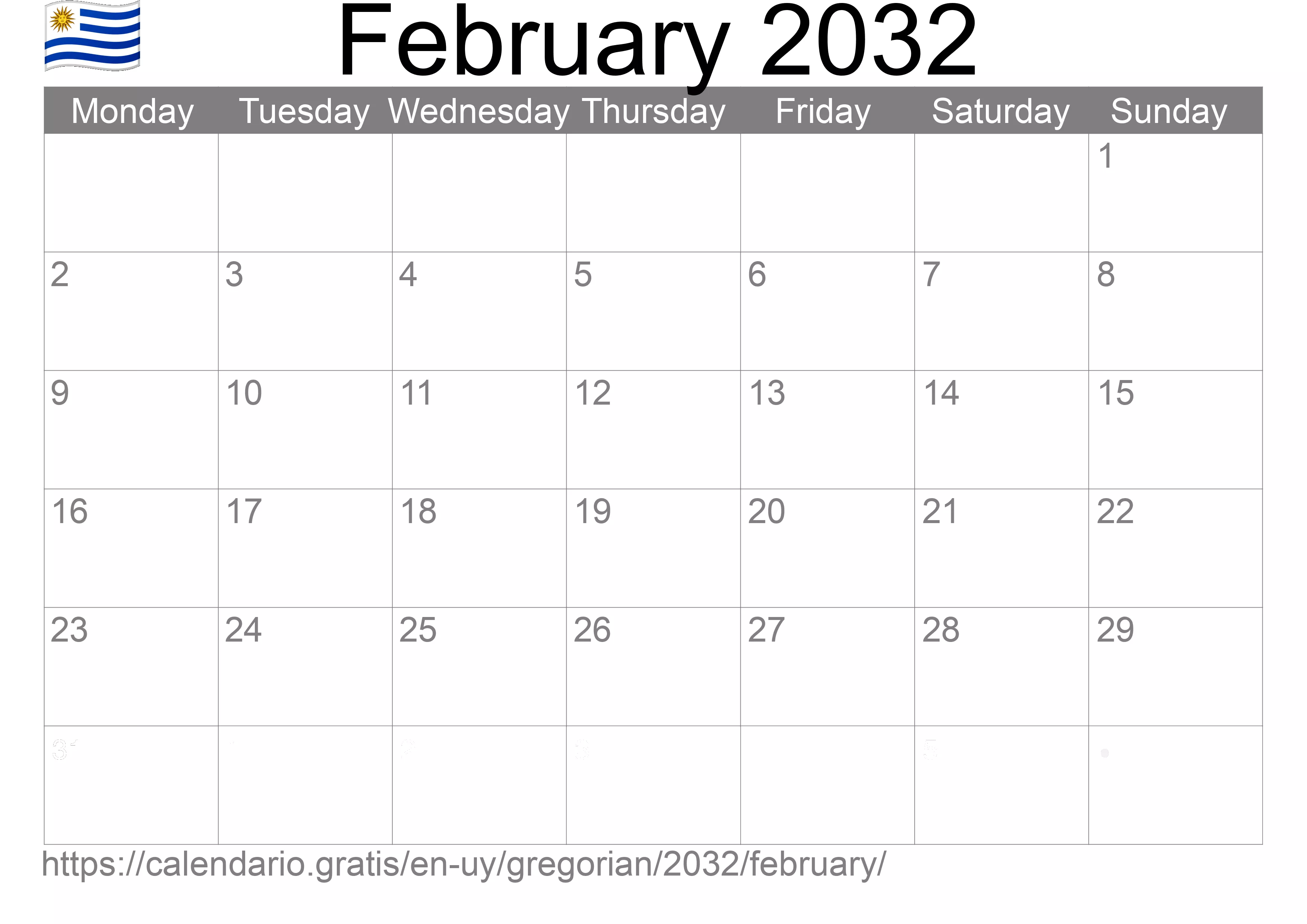 Calendar February 2032 to print (Uruguay) Calendar February 2032 to print (Uruguay)