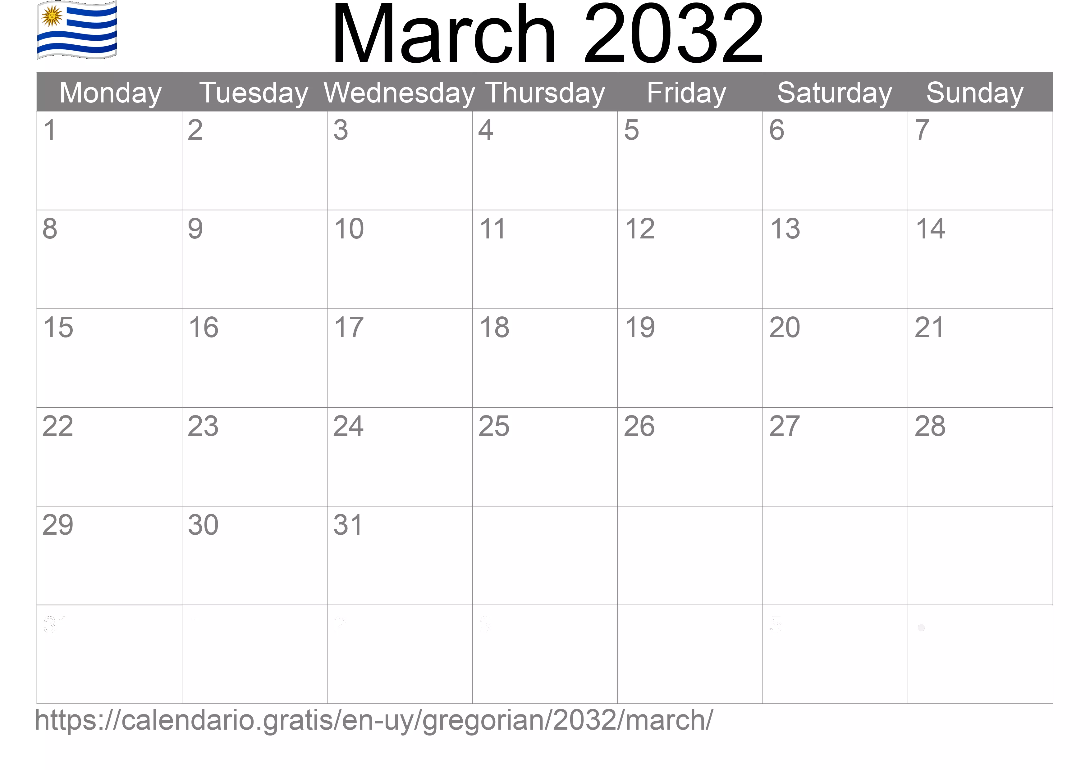 Calendar March 2032 to print (Uruguay) Calendar March 2032 to print (Uruguay)