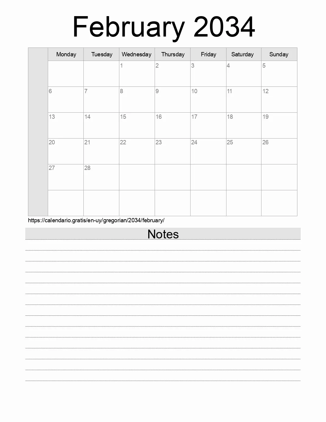 Calendar for printing with notes for 2034 February . (Uruguay) Calendar for printing with notes for 2034 February . (Uruguay)