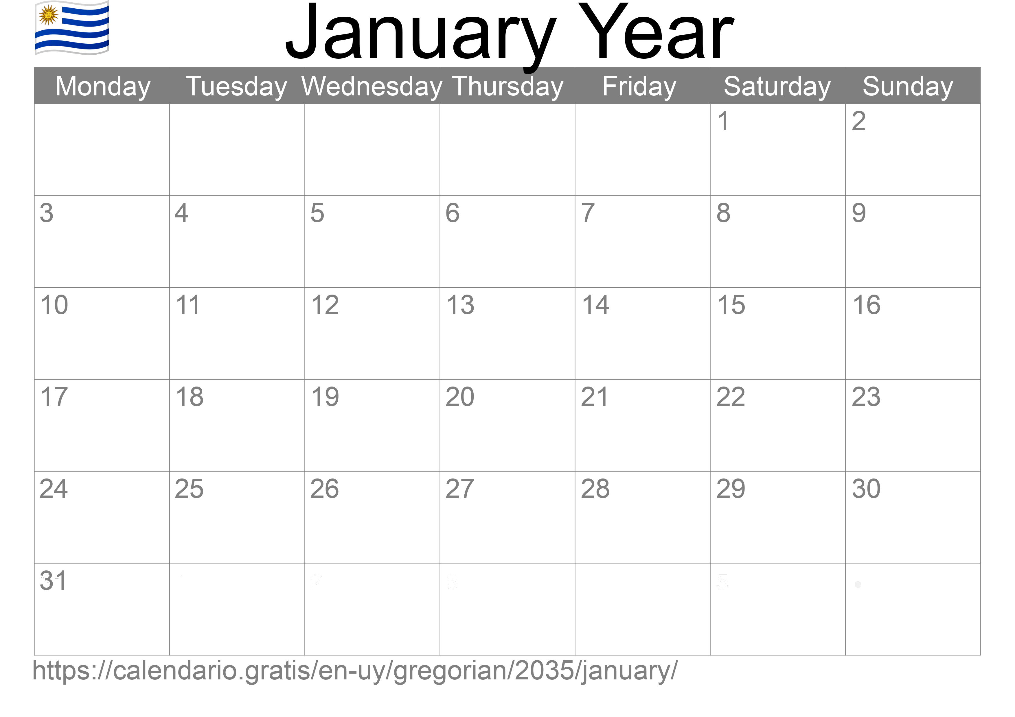 Calendar January 2035 to print