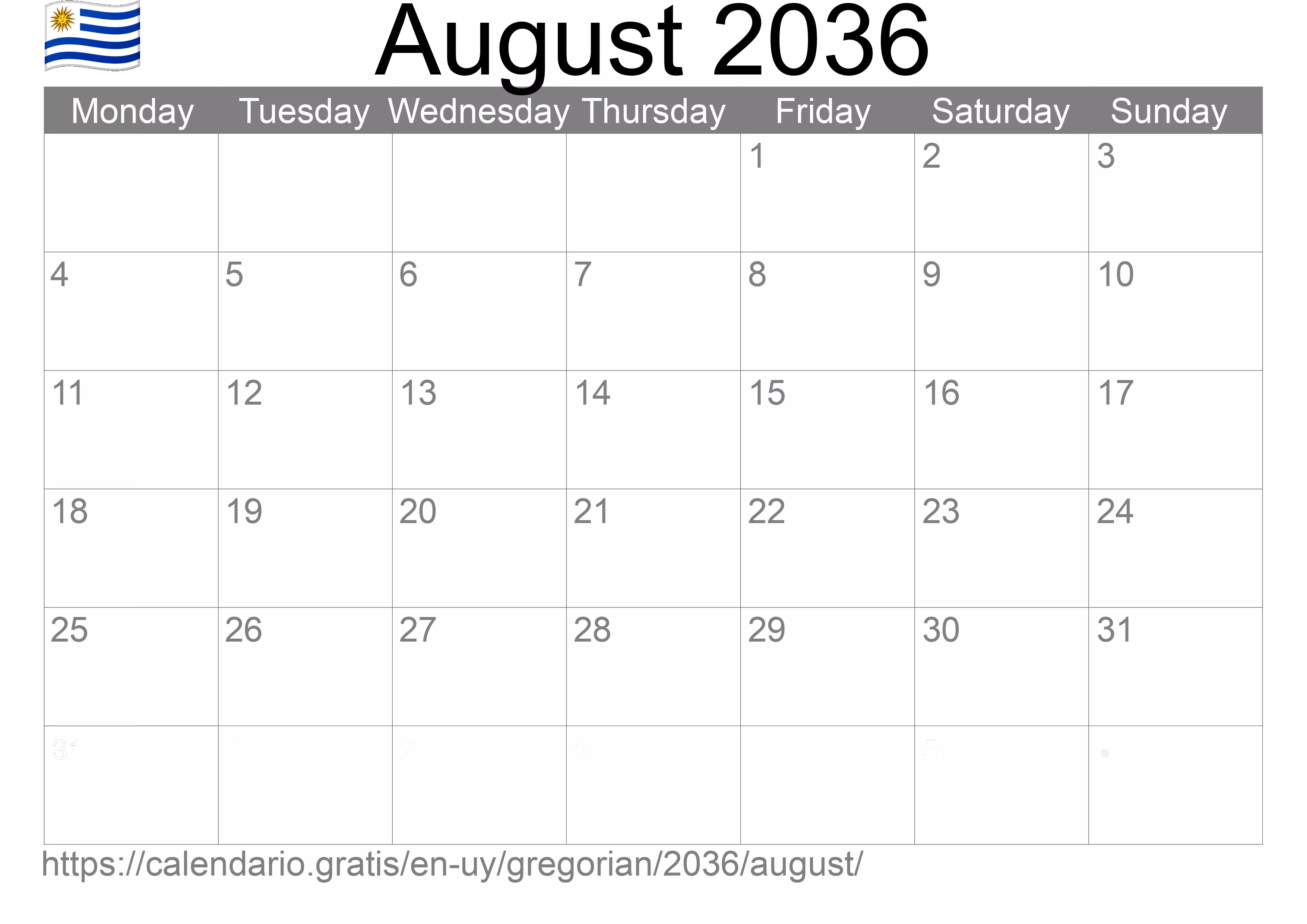 Calendar August 2036 to print (Uruguay) Calendar August 2036 to print (Uruguay)