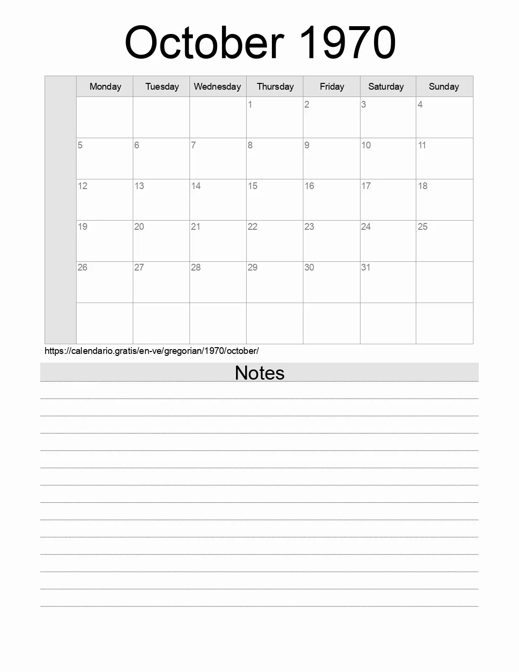 Calendar for printing with notes for 1970 October . (Venezuela) Calendar for printing with notes for 1970 October . (Venezuela)