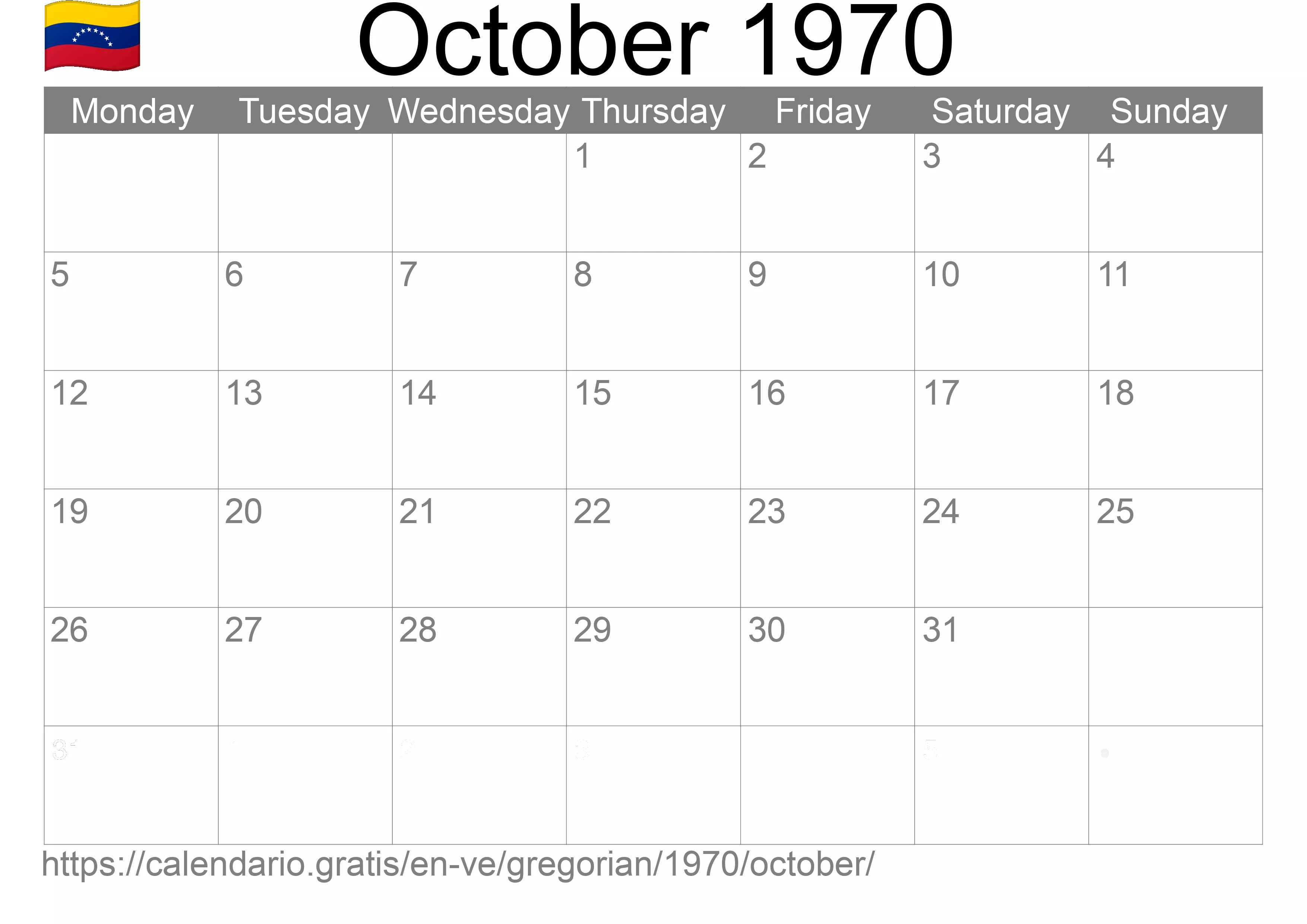 Calendar October 1970 to print (Venezuela) Calendar October 1970 to print (Venezuela)