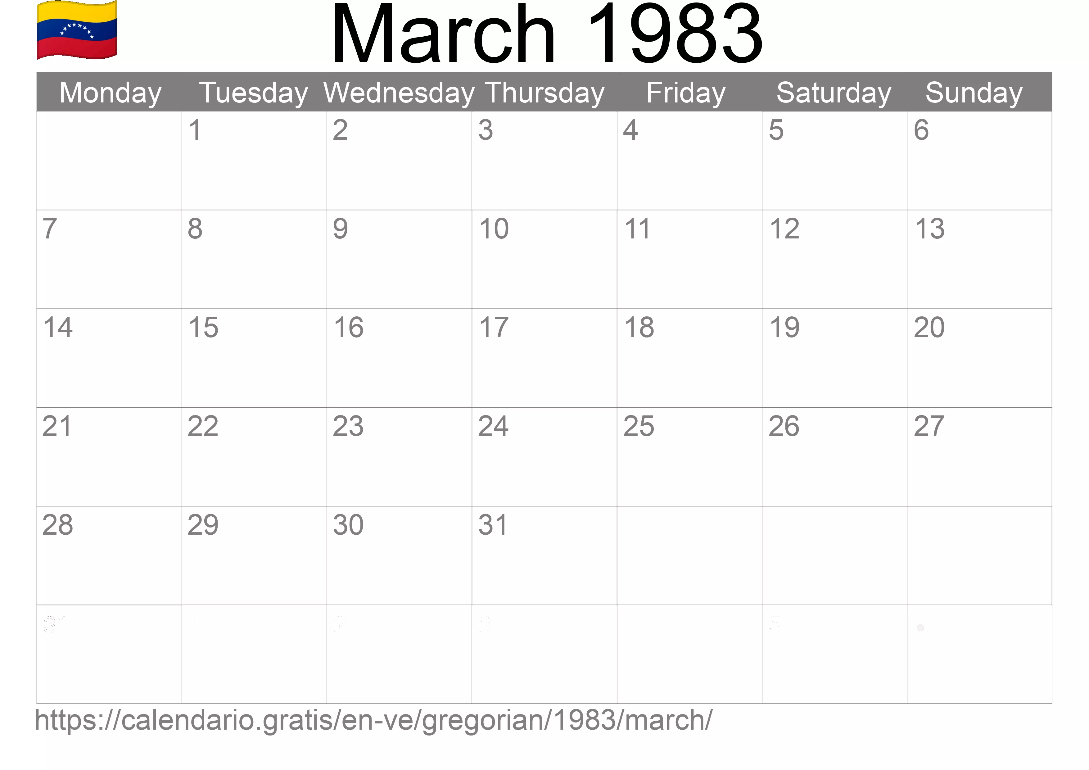 Calendar March 1983 to print (Venezuela) Calendar March 1983 to print (Venezuela)