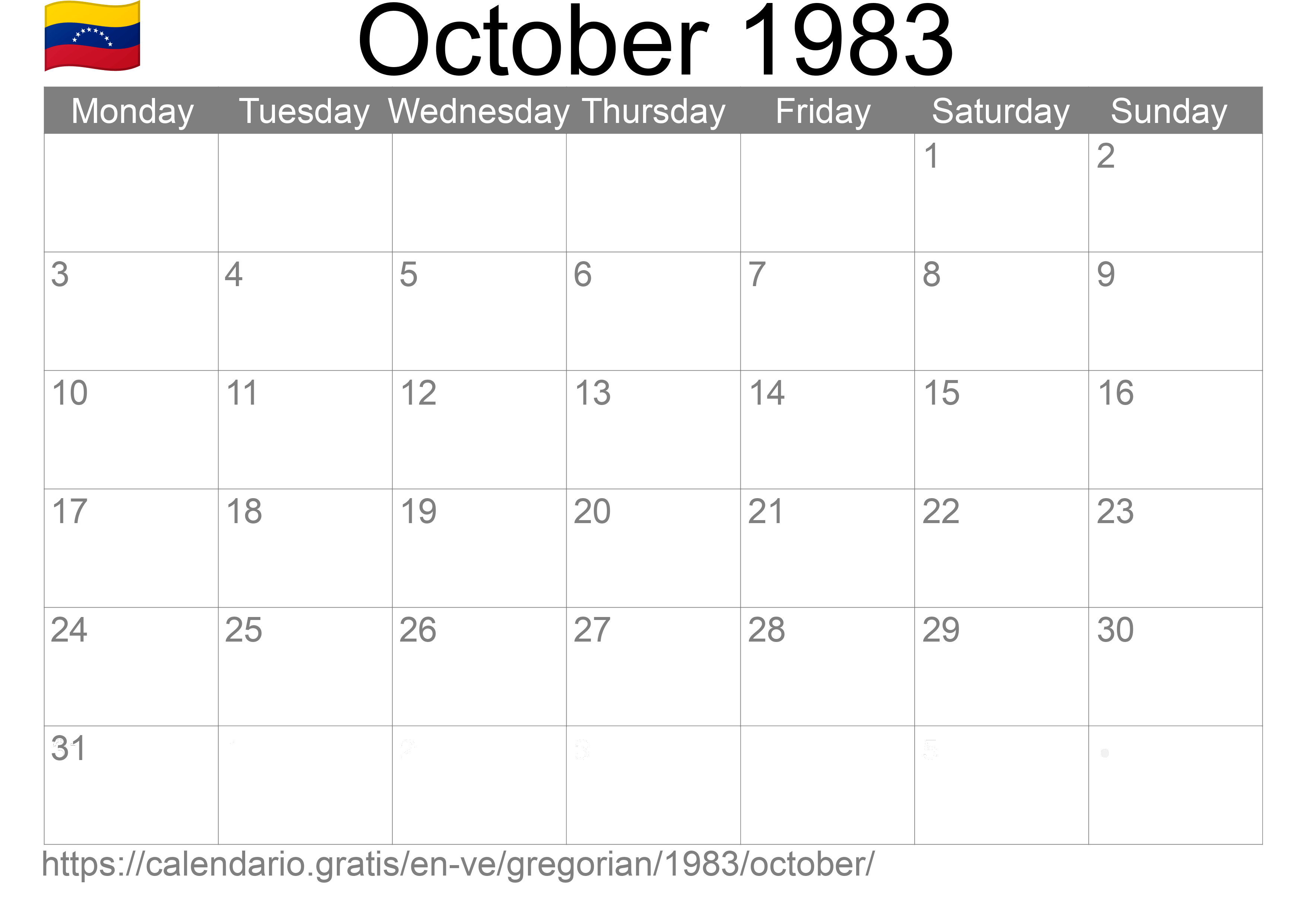 Calendar October 1983 to print