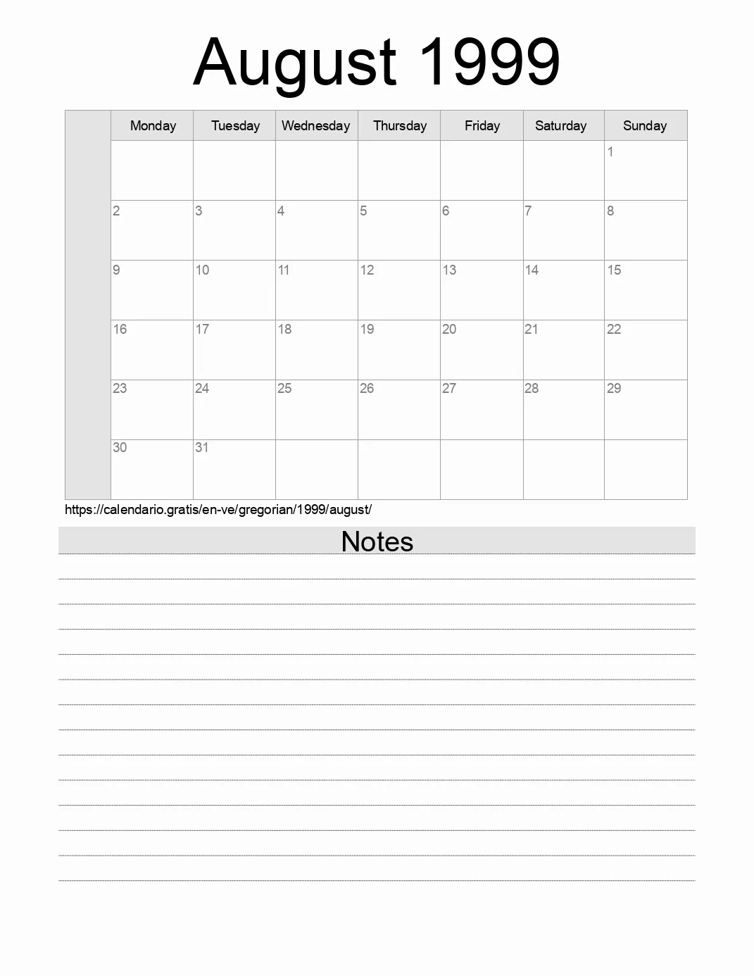 Calendar for printing with notes for 1999 August . (Venezuela) Calendar for printing with notes for 1999 August . (Venezuela)