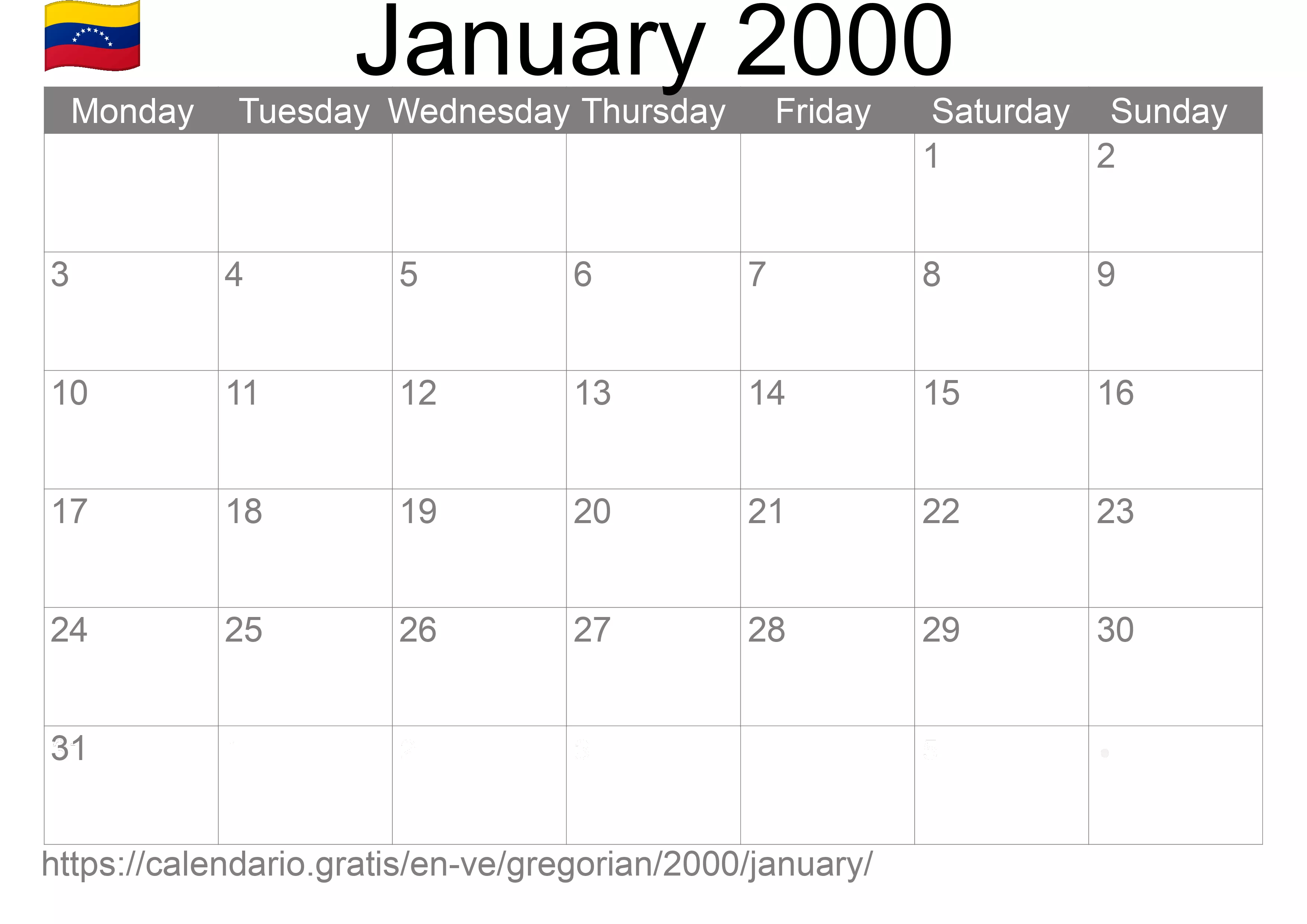 Calendar January 2000 to print (Venezuela)