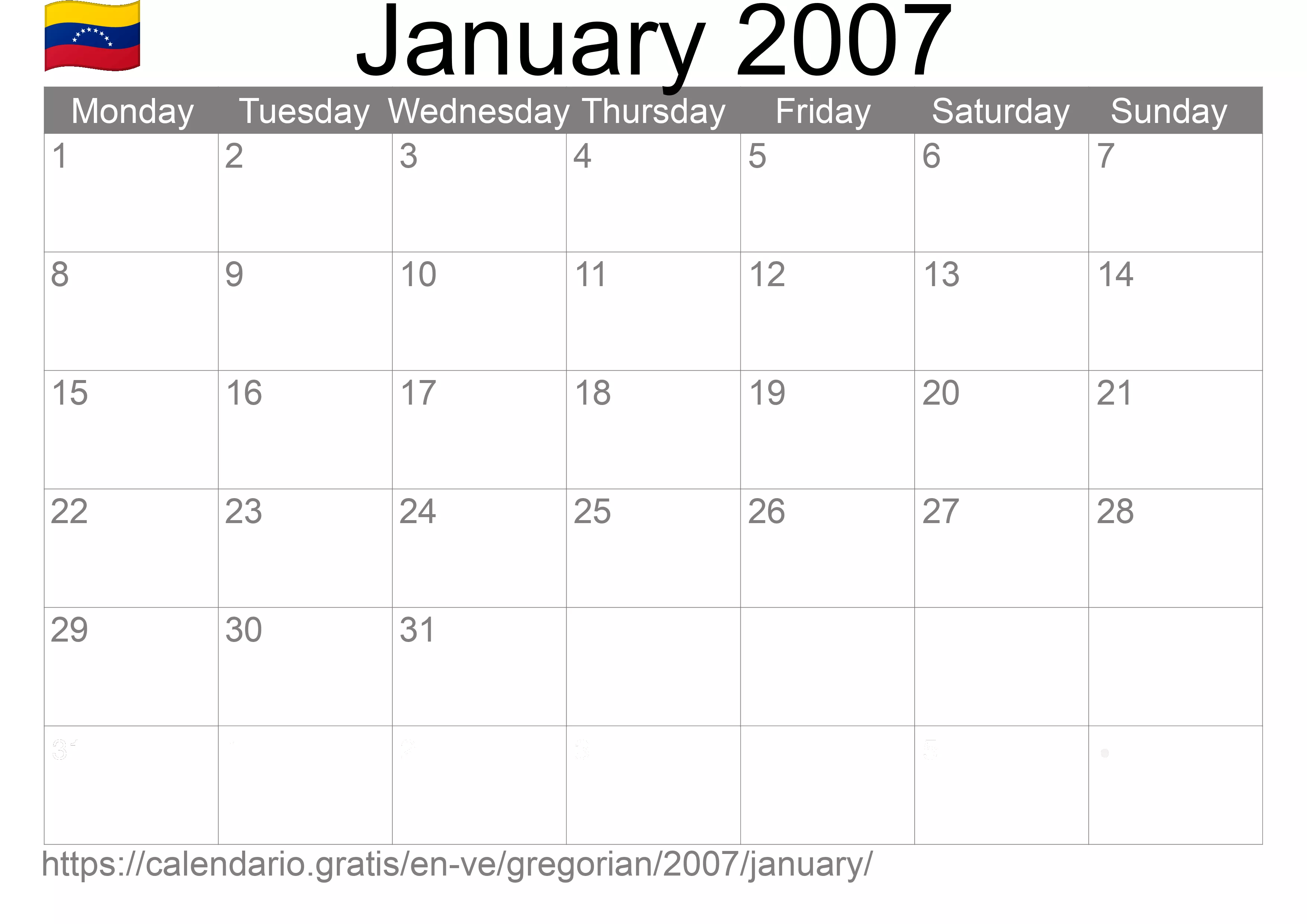 Calendar January 2007 to print (Venezuela) Calendar January 2007 to print (Venezuela)