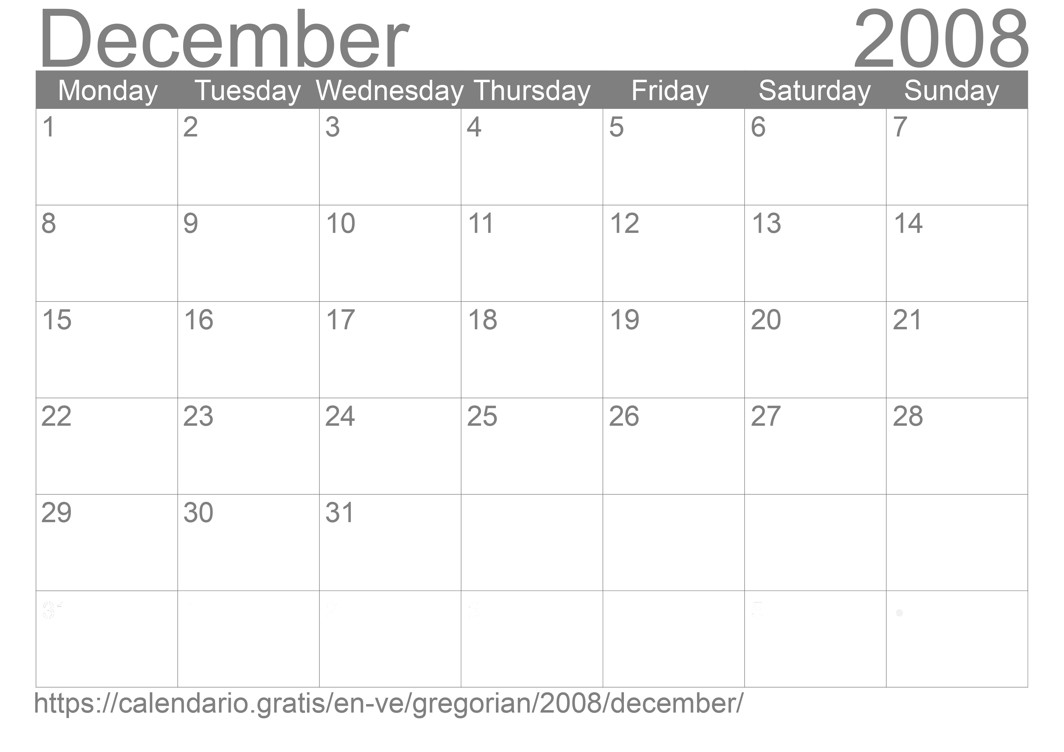 Calendar December 2008 to print