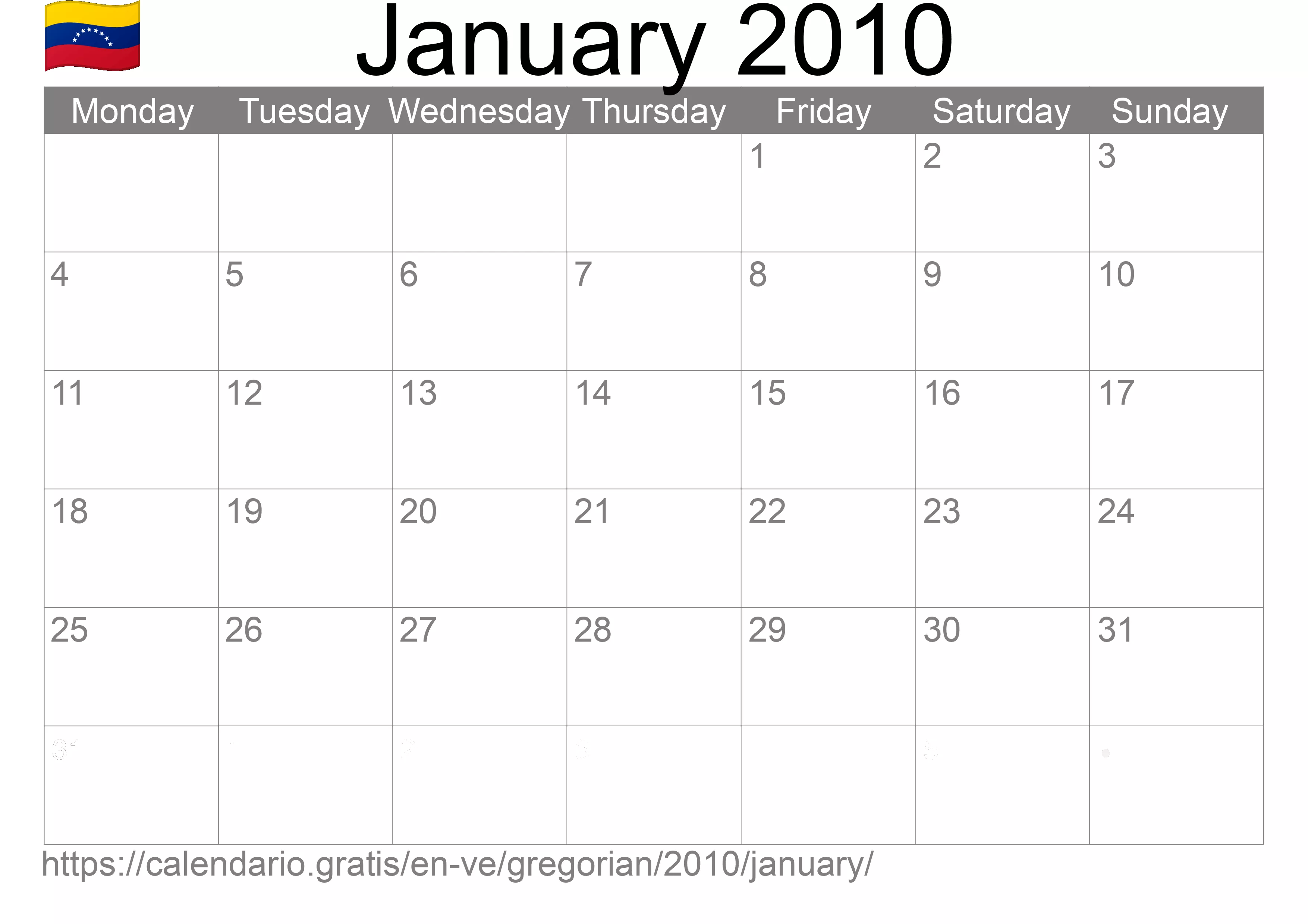 Calendar January 2010 to print (Venezuela) Calendar January 2010 to print (Venezuela)