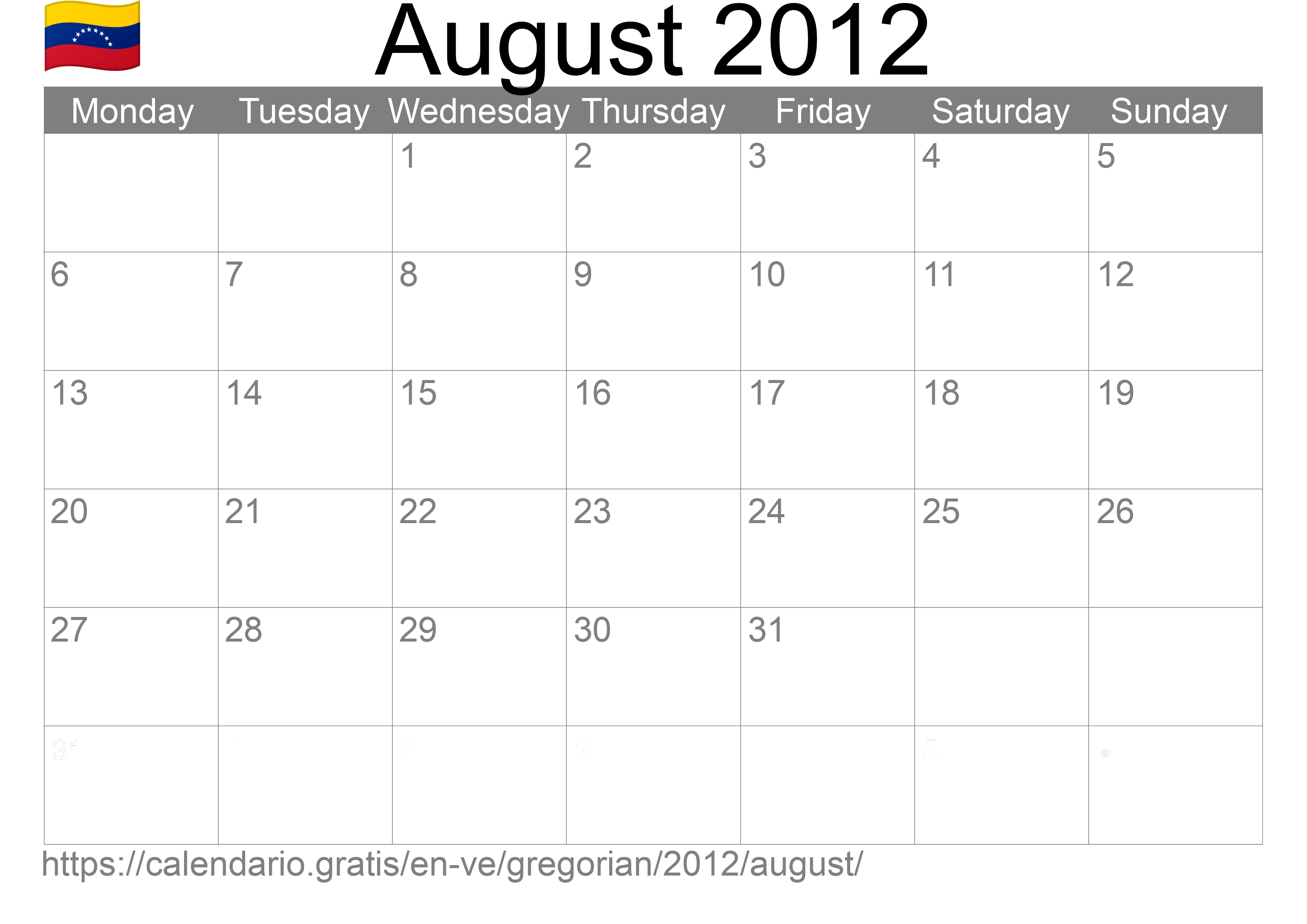 Calendar August 2012 to print