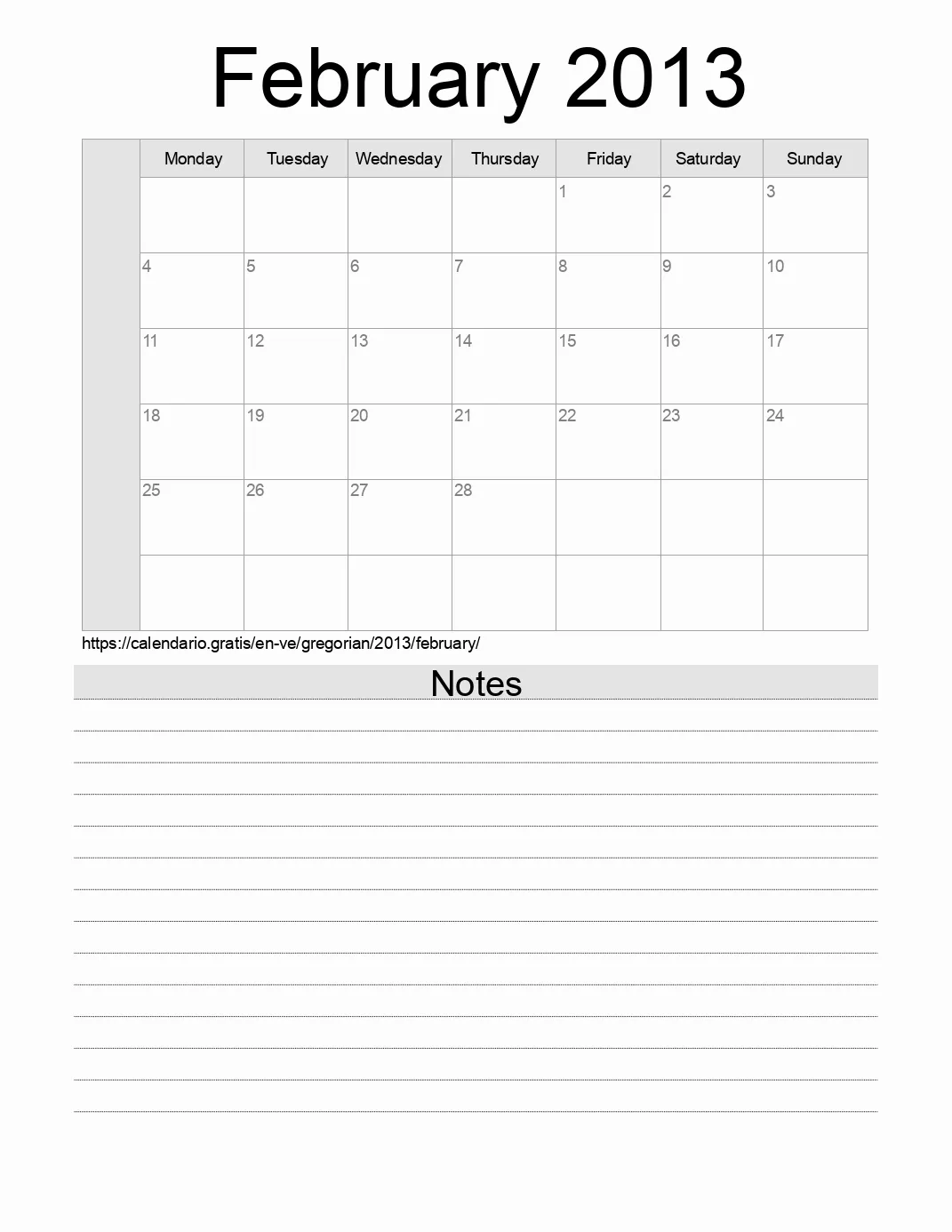 Calendar for printing with notes for 2013 February . (Venezuela)