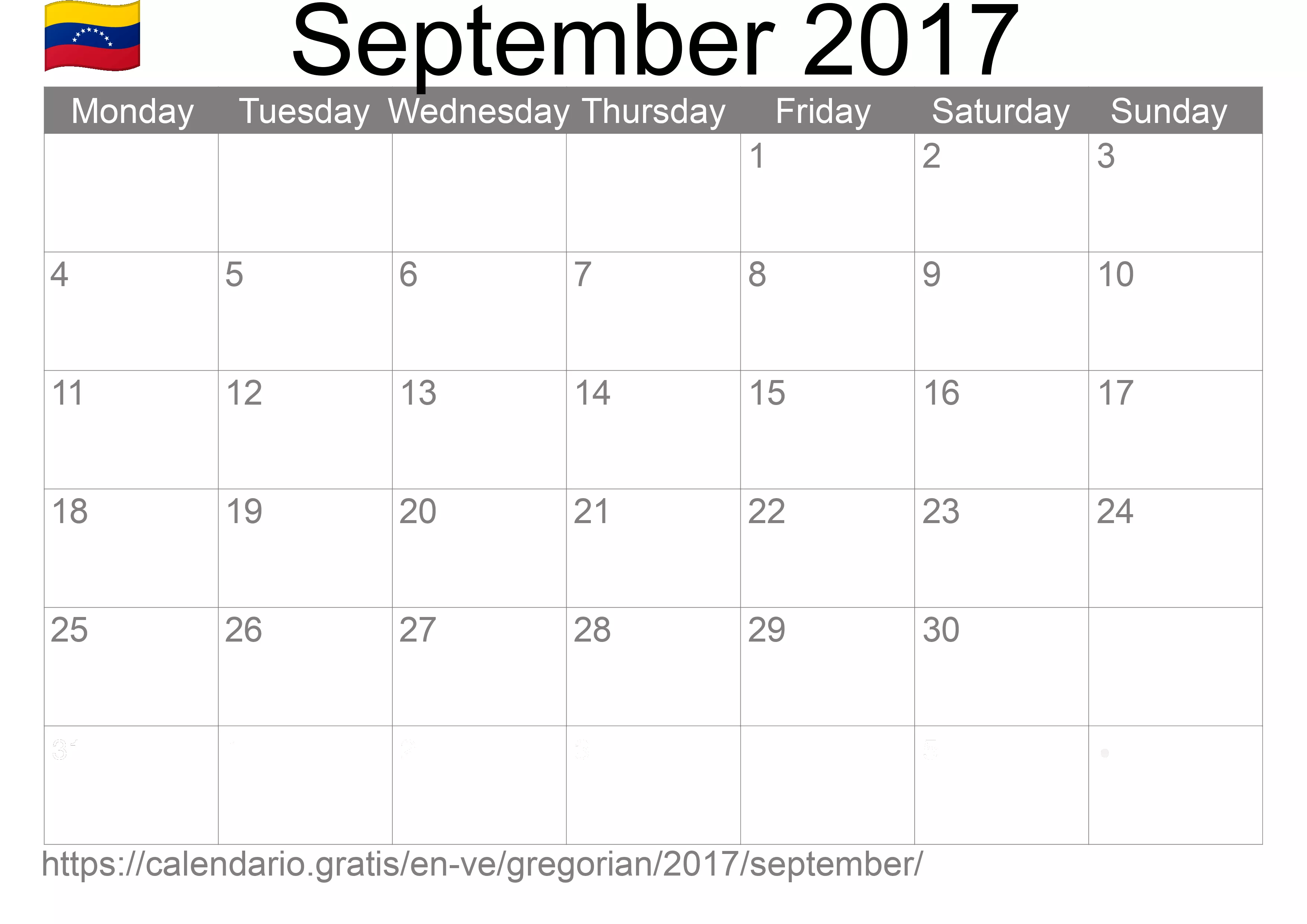 Calendar September 2017 to print (Venezuela)