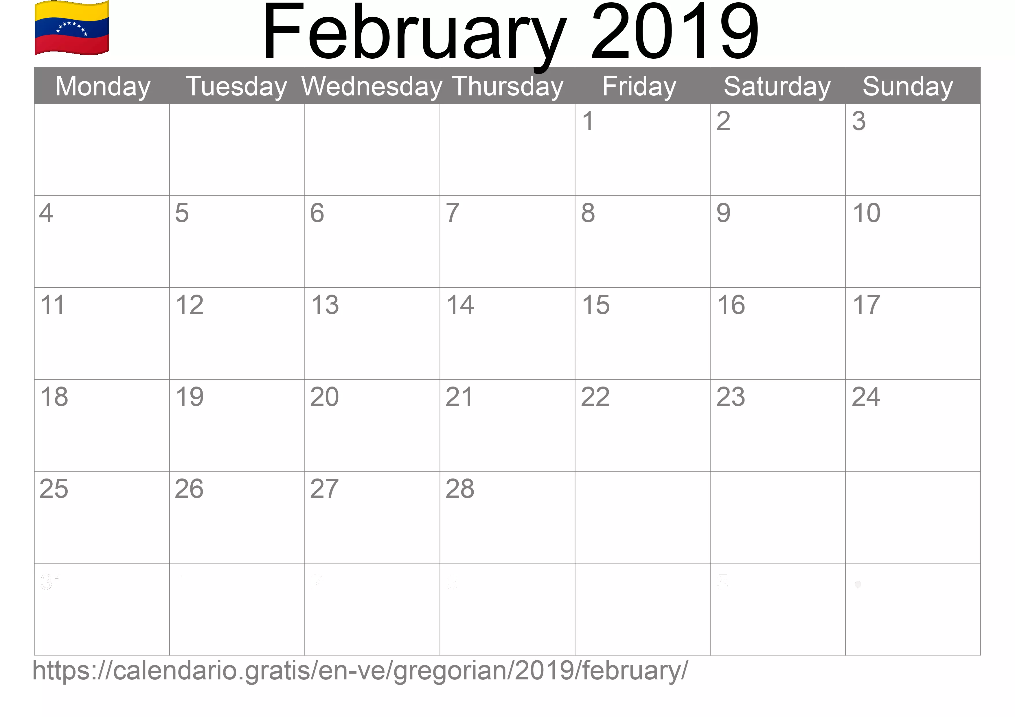 Calendar February 2019 to print (Venezuela) Calendar February 2019 to print (Venezuela)