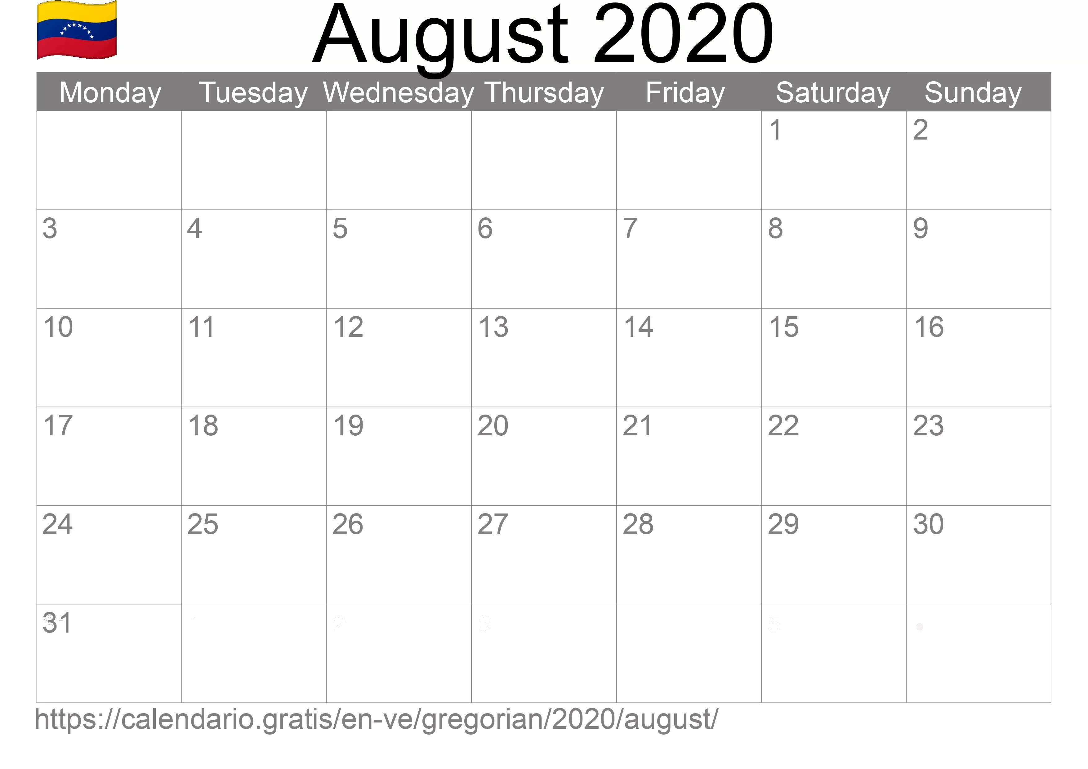 Calendar August 2020 to print (Venezuela) Calendar August 2020 to print (Venezuela)