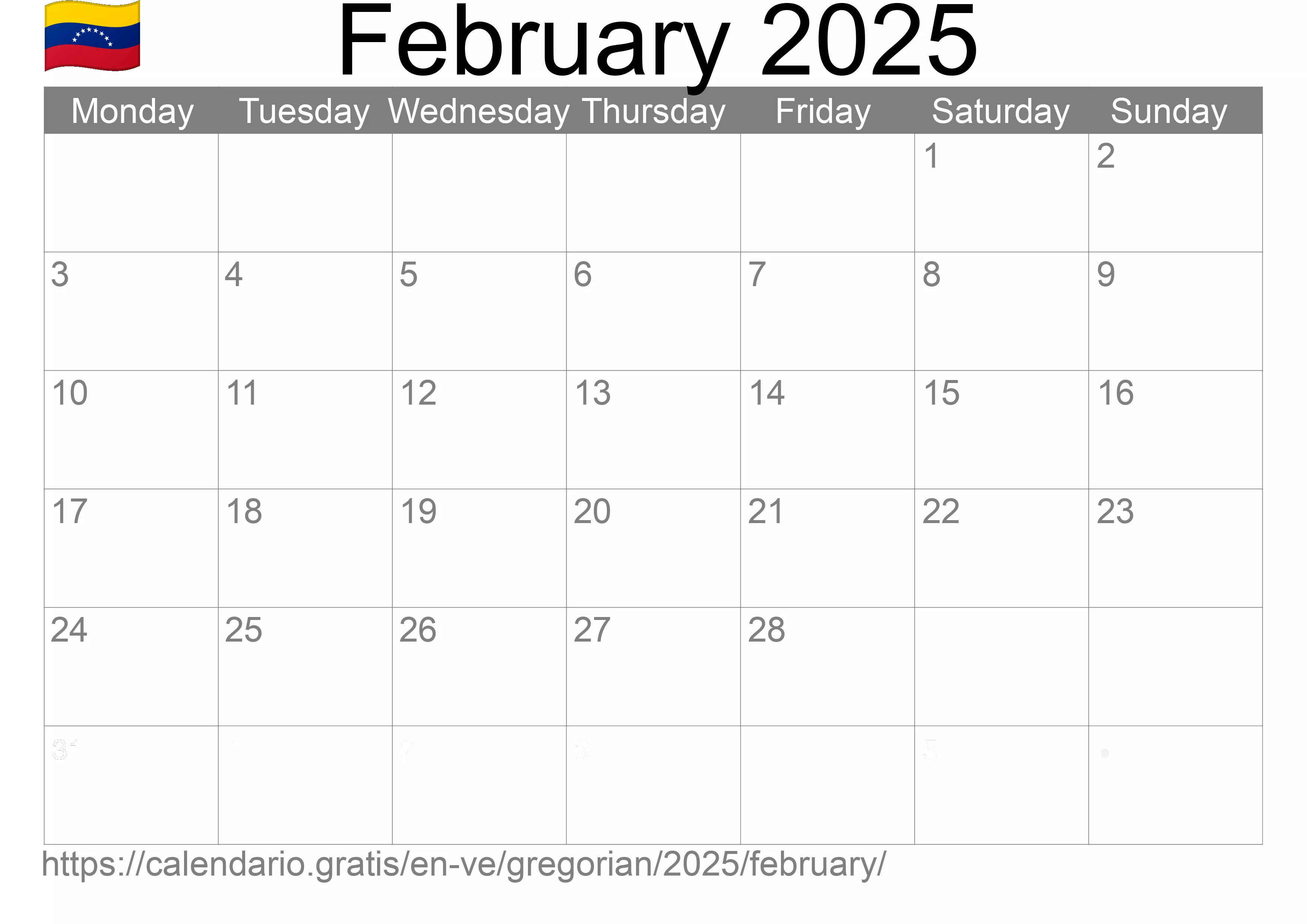 Calendar February 2025 to print (Venezuela) Calendar February 2025 to print (Venezuela)