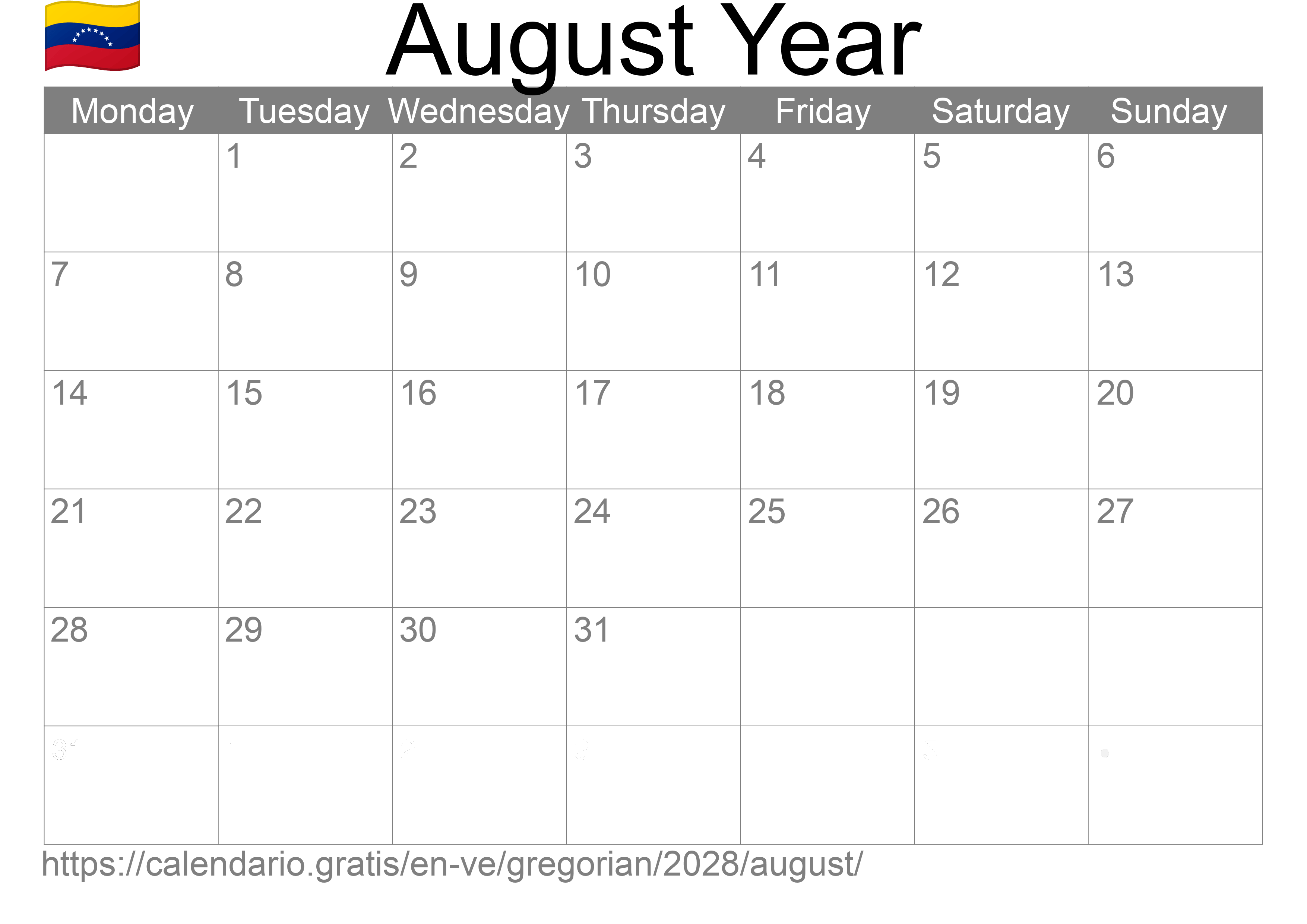 Calendar August 2028 to print