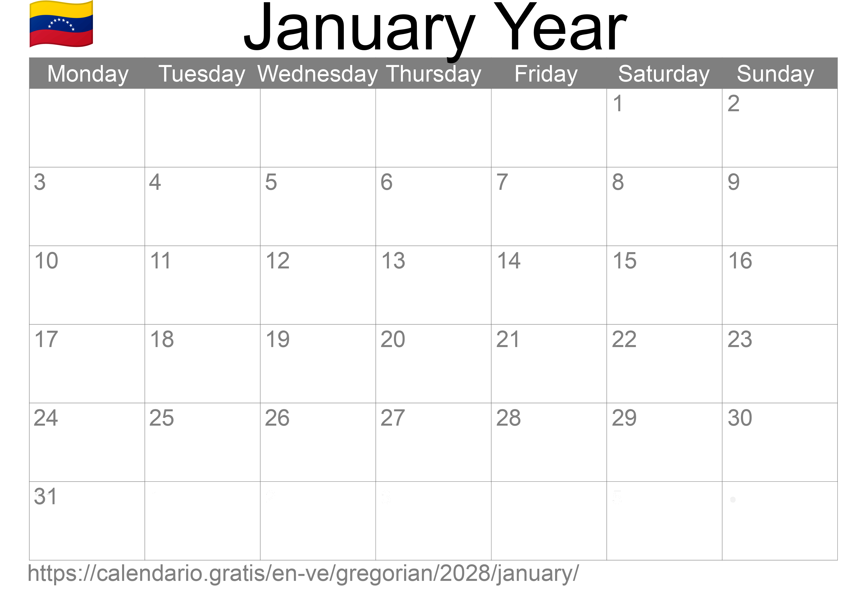 Calendar January 2028 to print