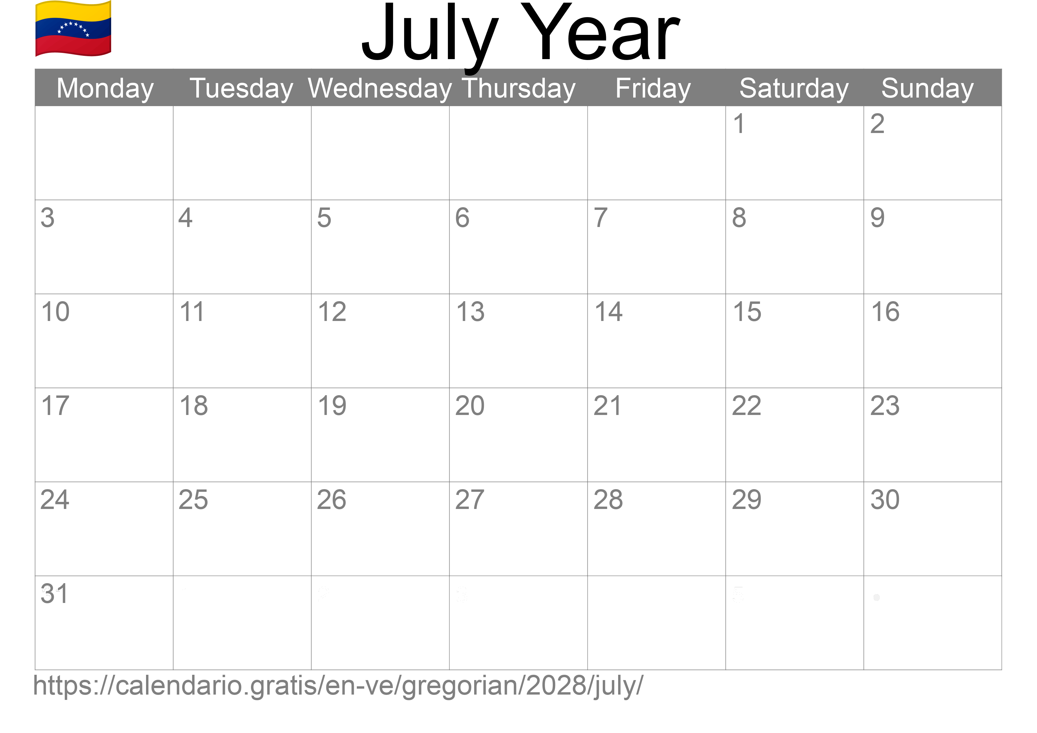 Calendar July 2028 to print