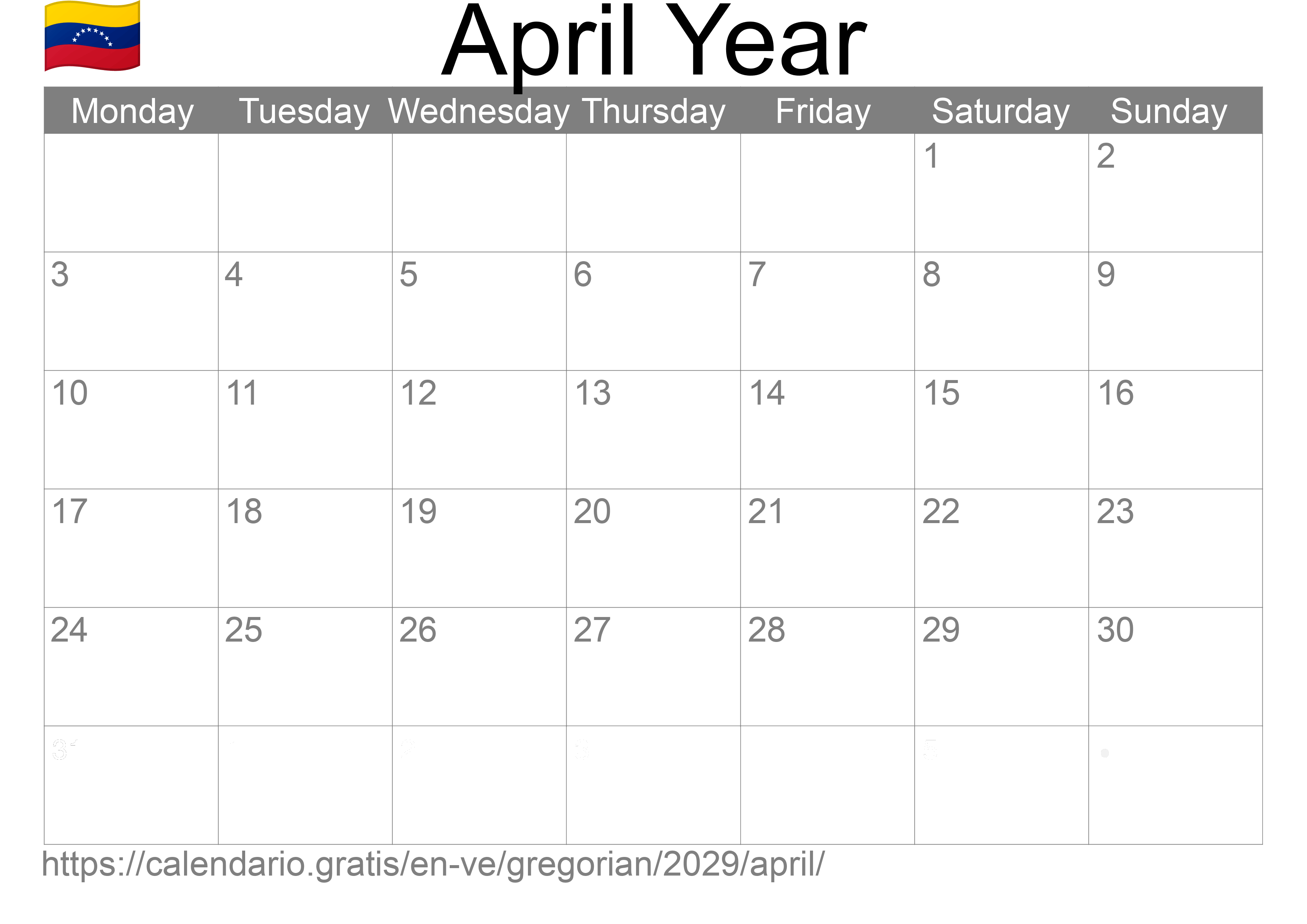 Calendar April 2029 to print